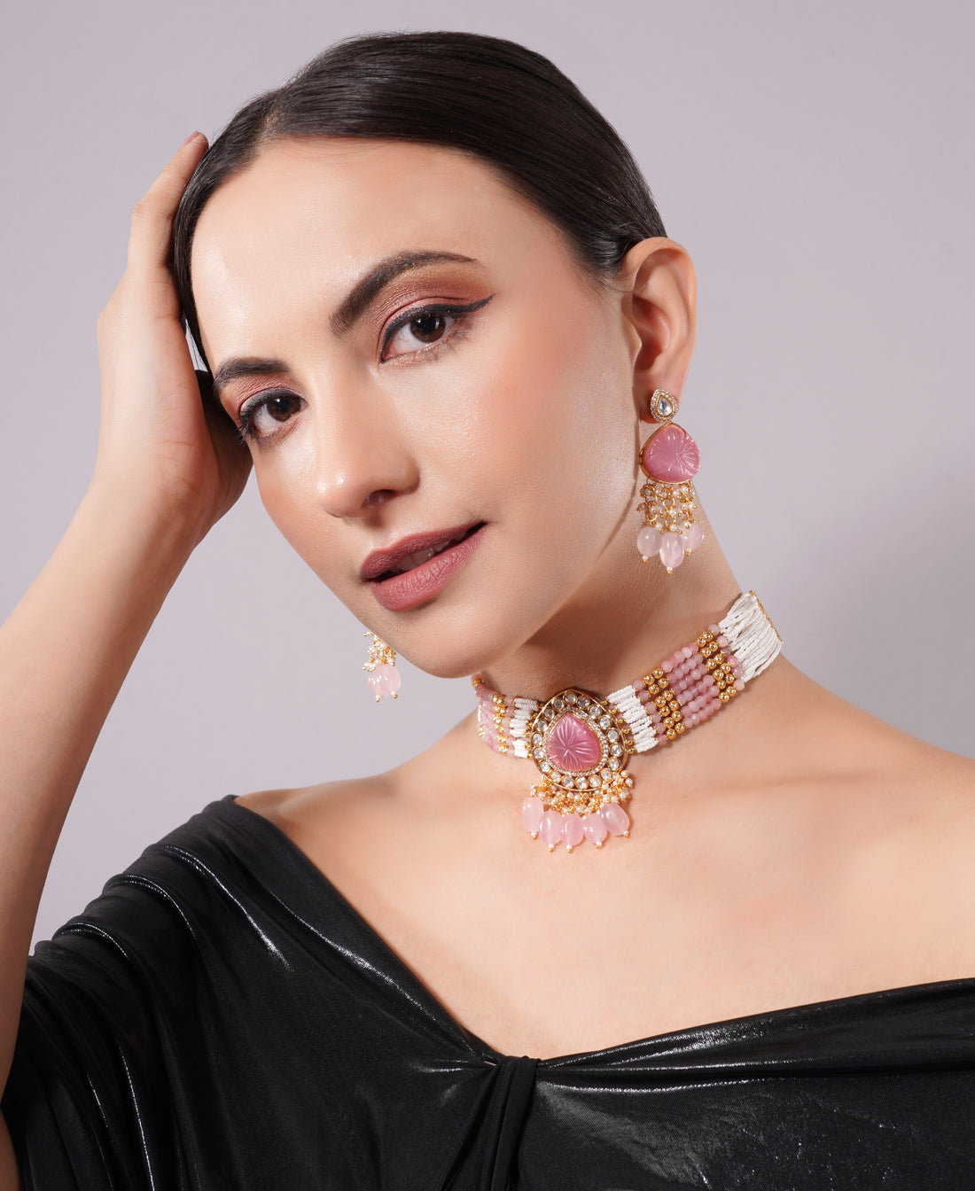 Amaita Rose Pink Pearl Layered Choker Jewellery Set