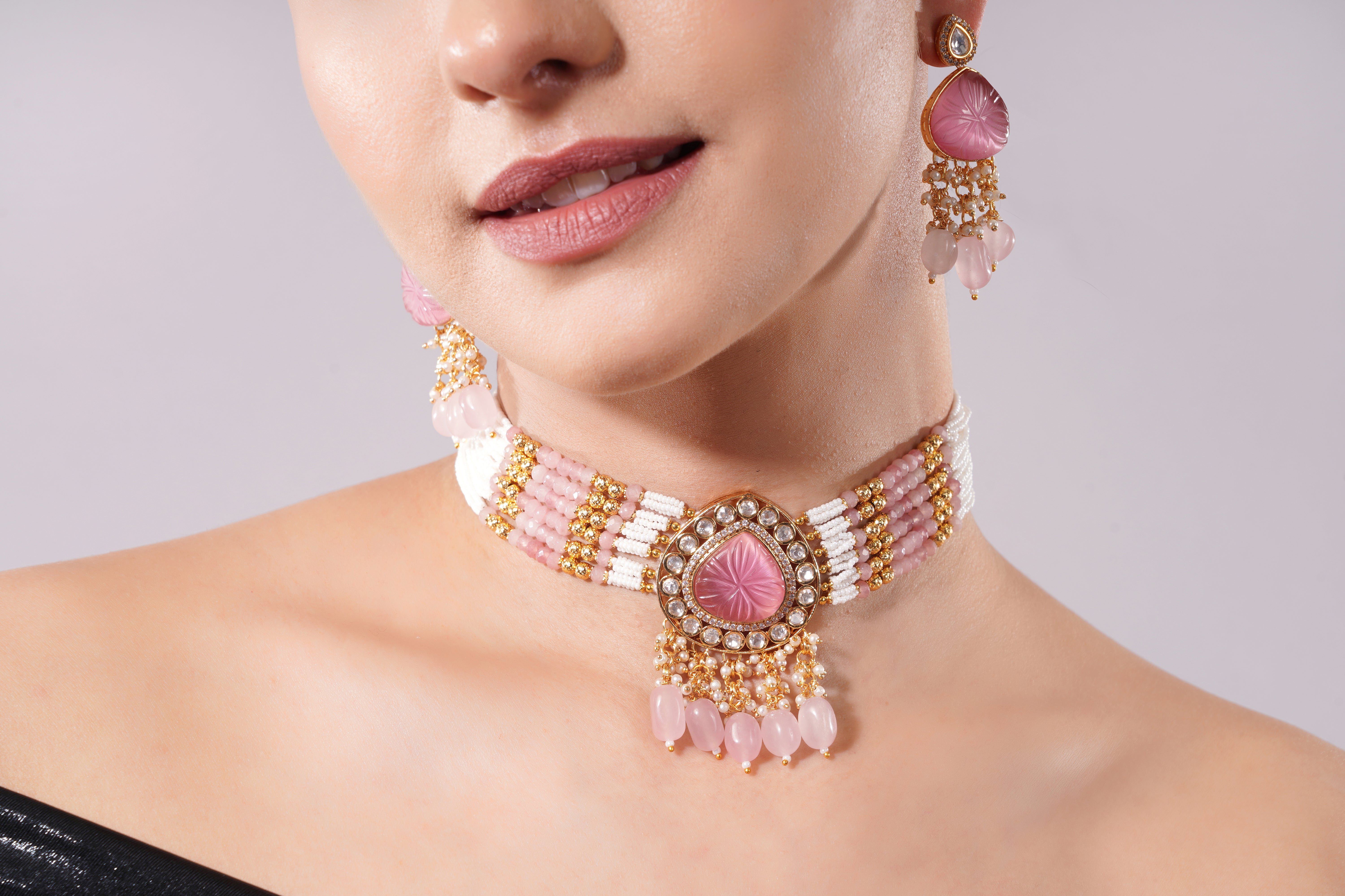 Amaita Rose Pink Pearl Layered Choker Jewellery Set