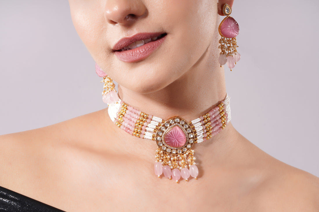 Amaita Rose Pink Pearl Layered Choker Jewellery Set