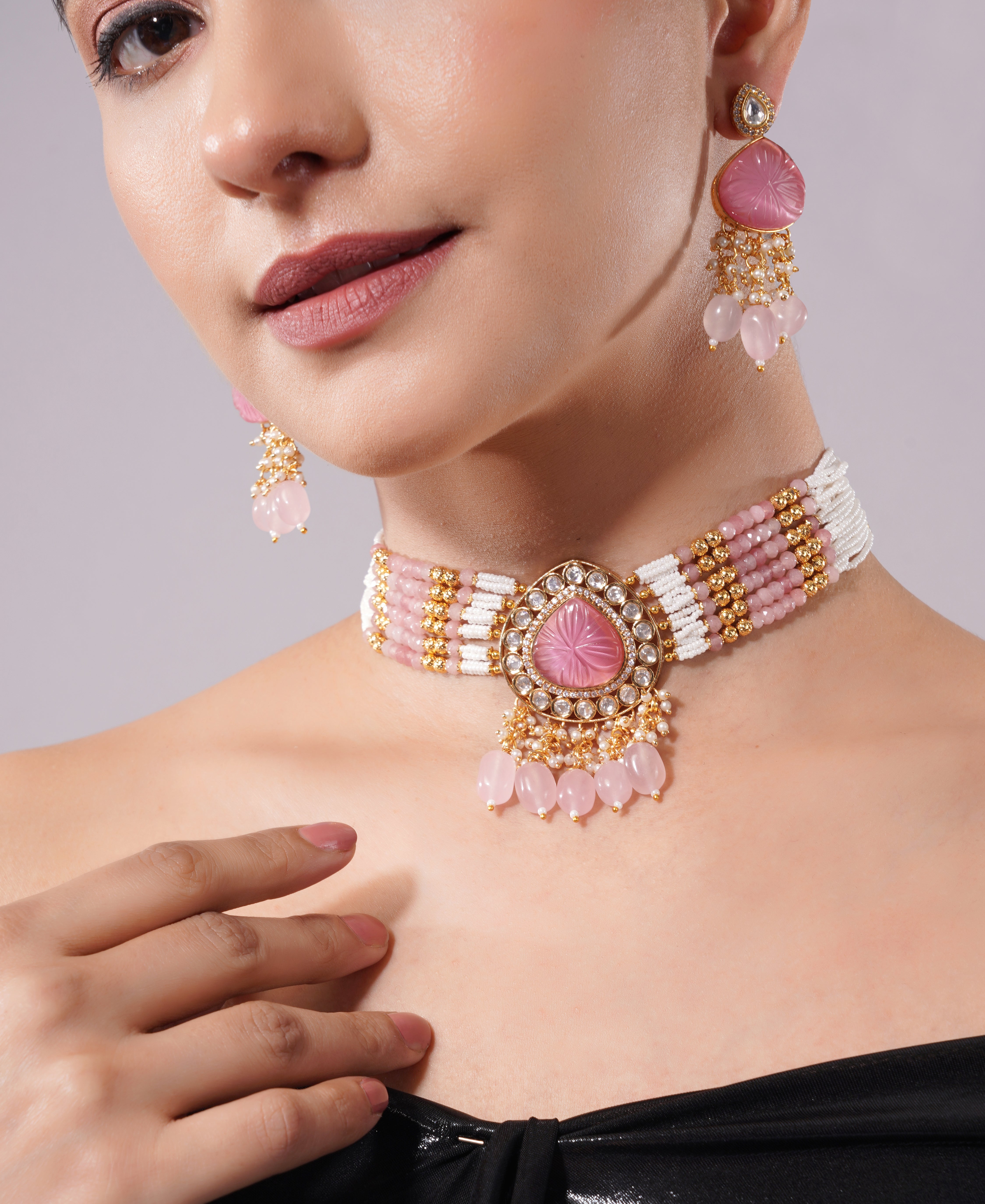 Amaita Rose Pink Pearl Layered Choker Jewellery Set