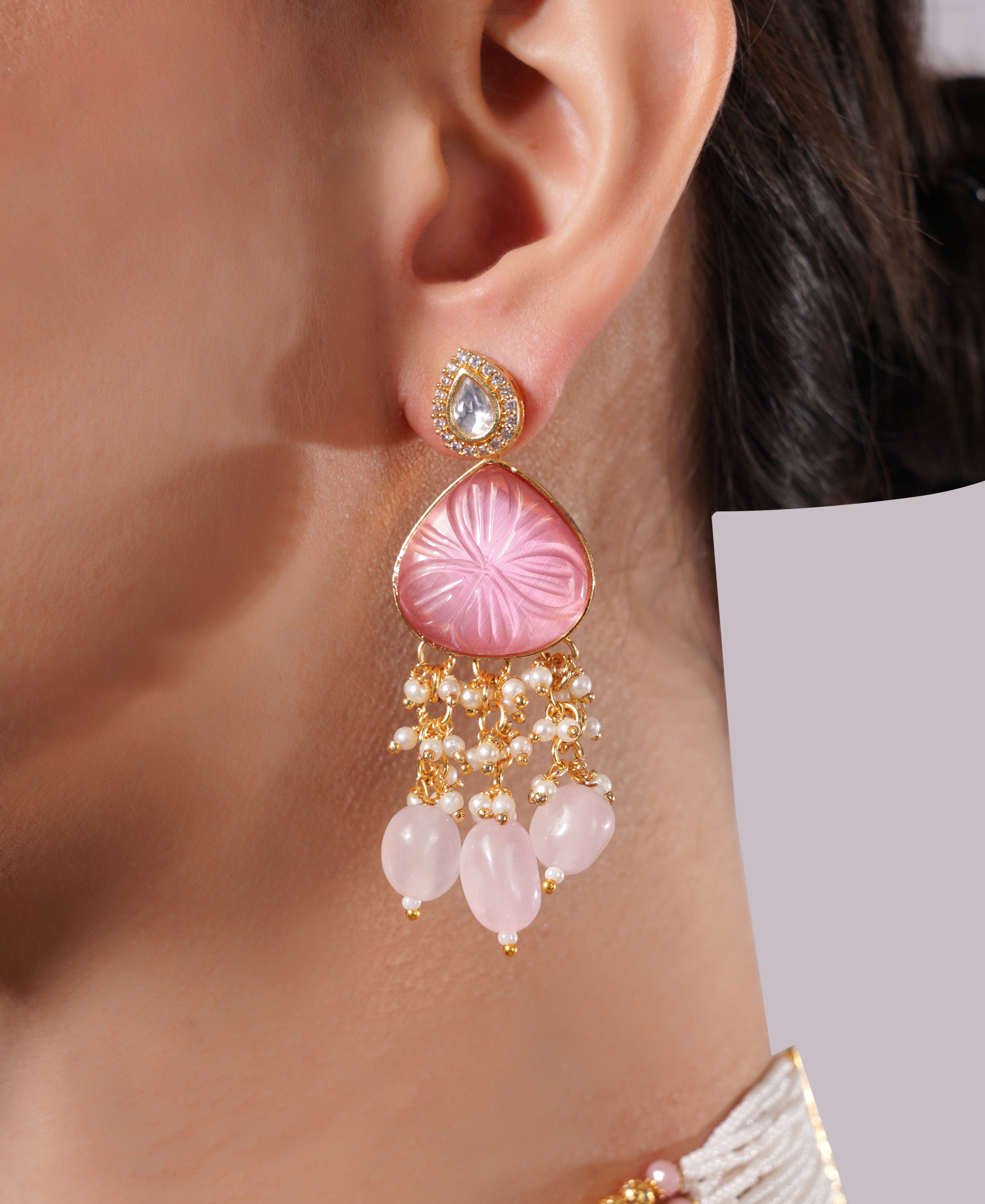 Amaita Rose Pink Pearl Layered Choker Jewellery Set