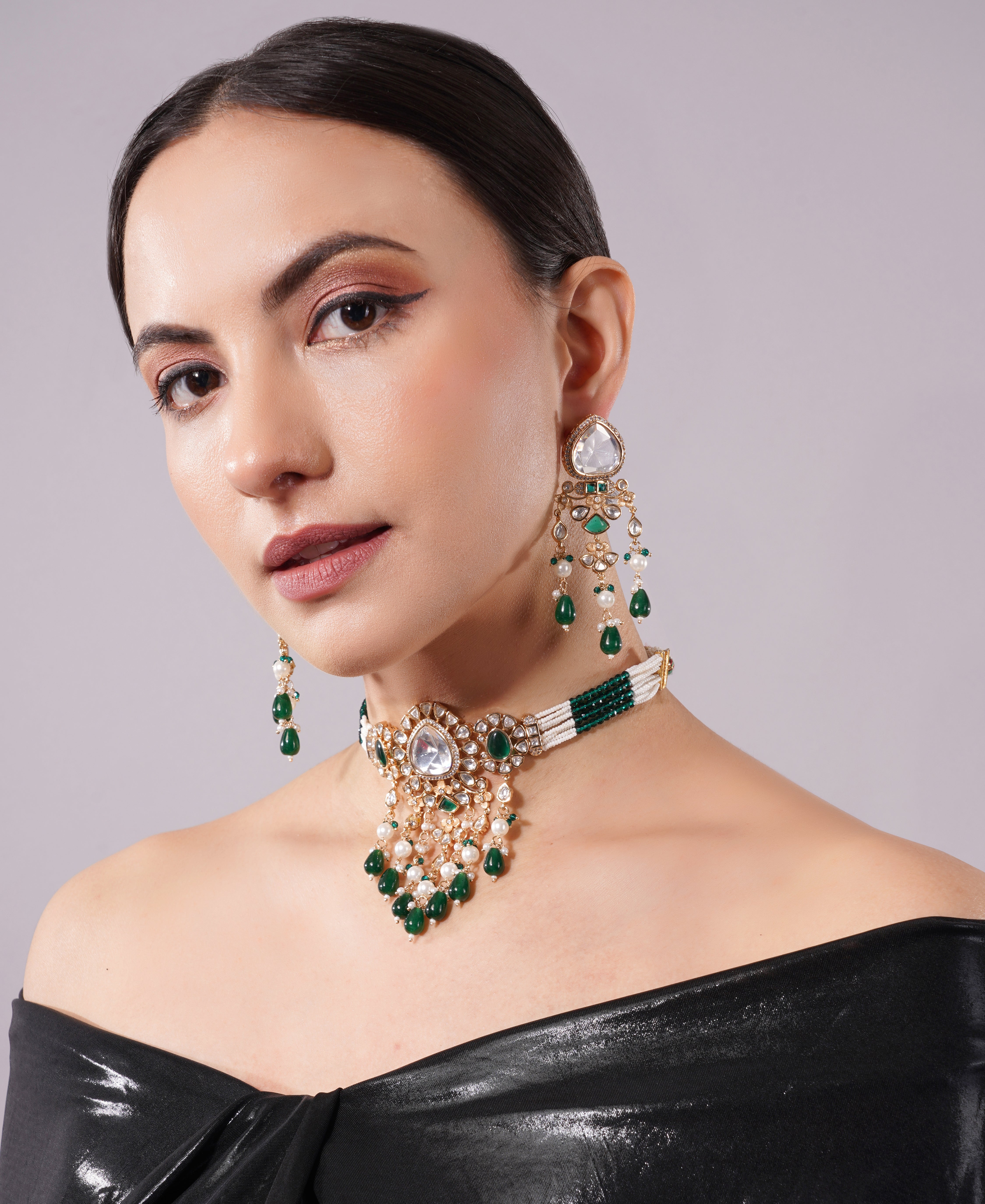 Amaita Emerald Pearl Kundan Drop Choker Jewellery Set