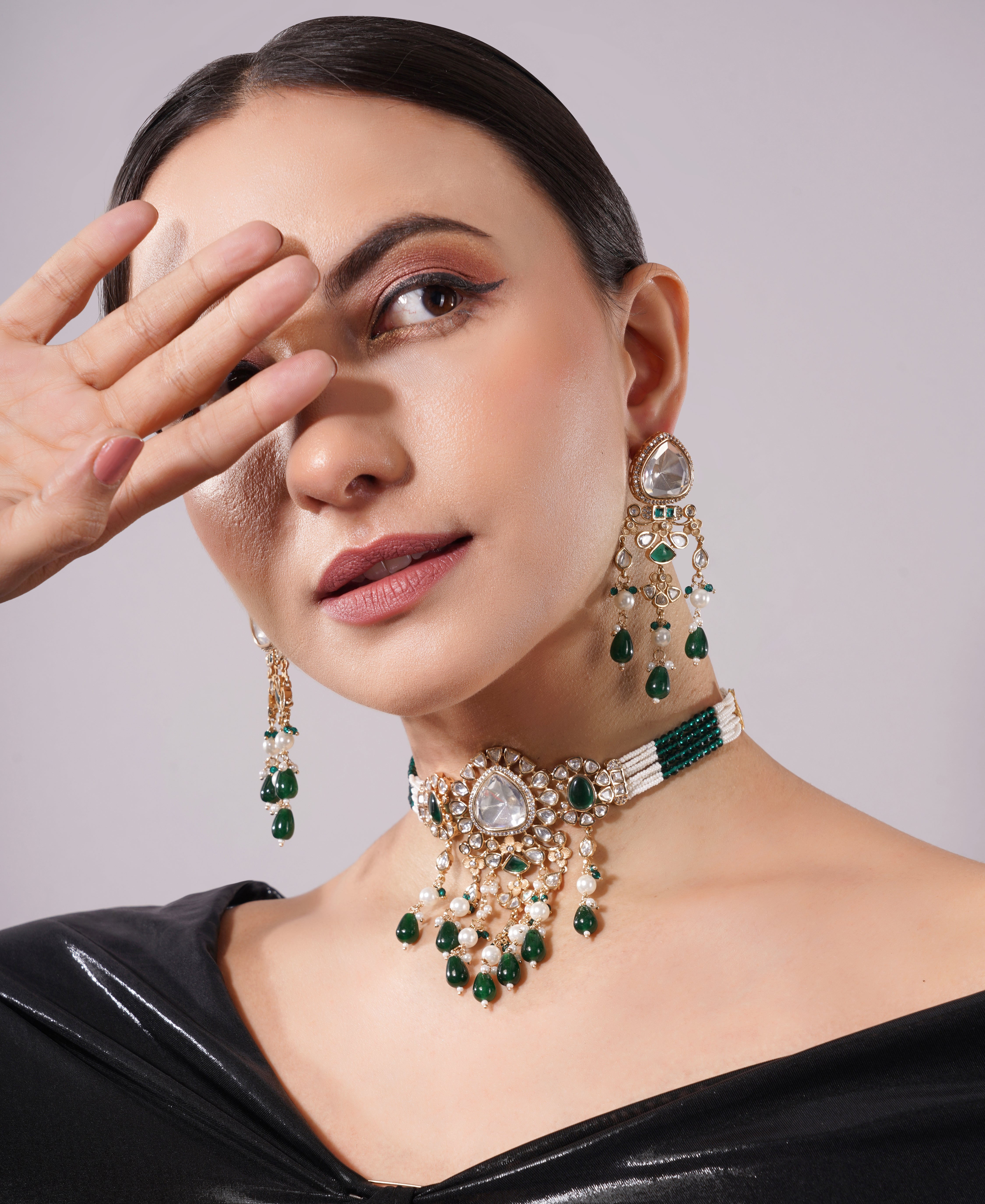 Amaita Emerald Pearl Kundan Drop Choker Jewellery Set