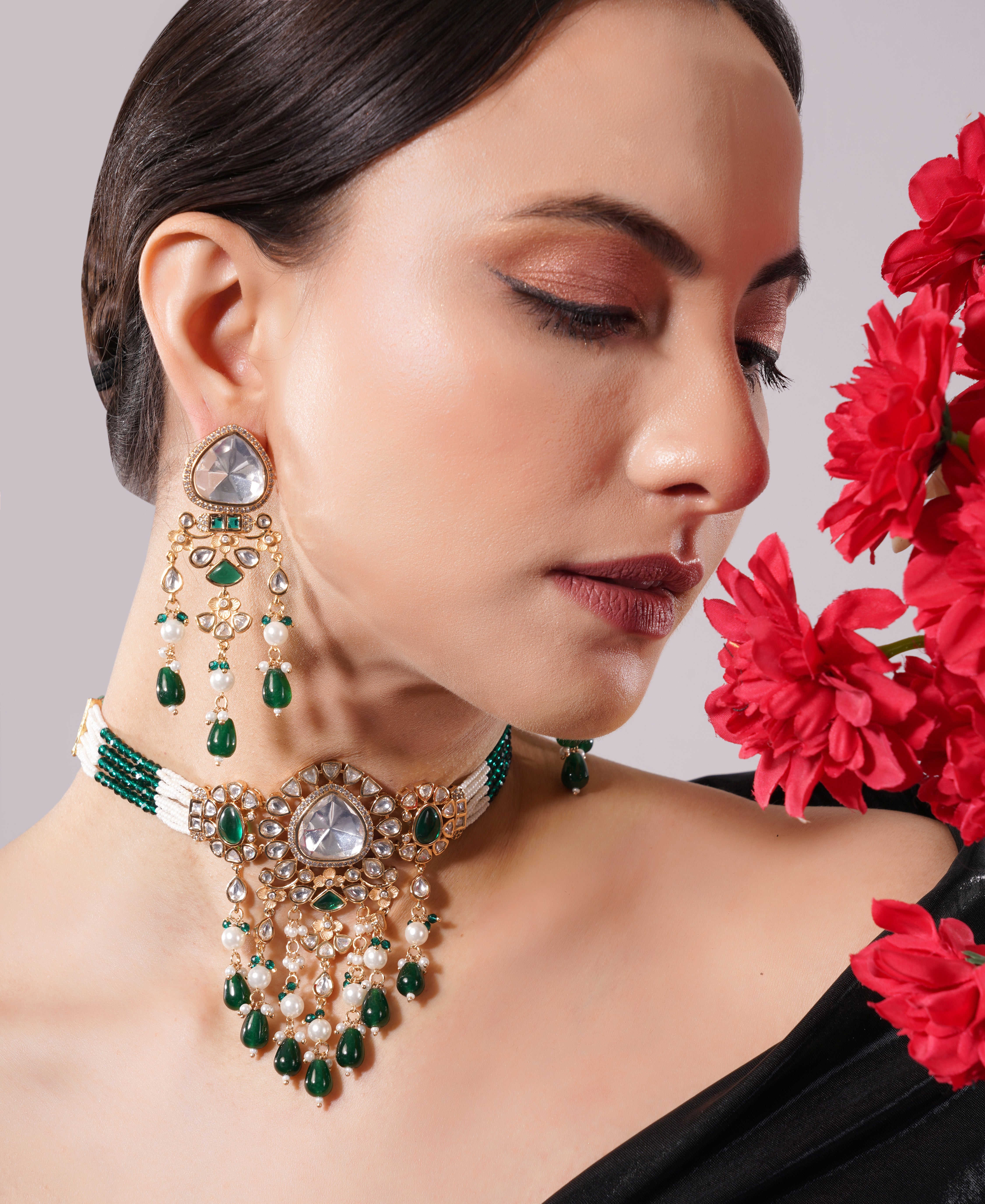 Amaita Emerald Pearl Kundan Drop Choker Jewellery Set