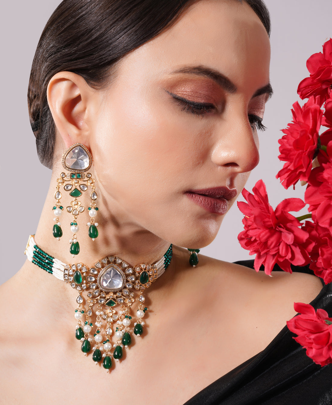 Amaita Emerald Pearl Kundan Drop Choker Jewellery Set