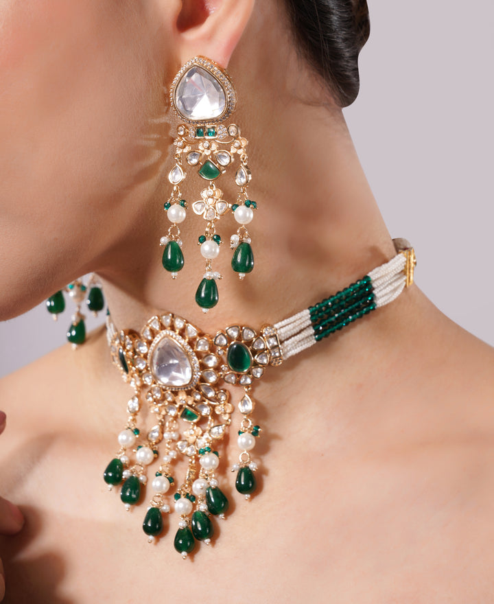 Amaita Emerald Pearl Kundan Drop Choker Jewellery Set