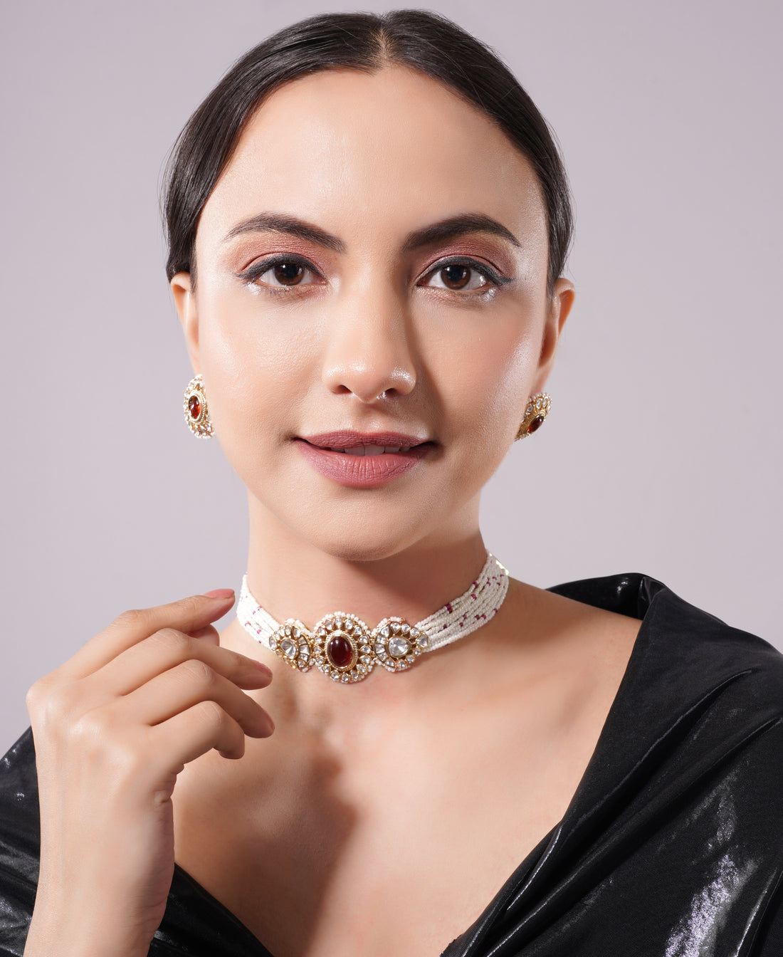 Amaita Maroon Kundan Pearl Layered Choker Jewellery Set