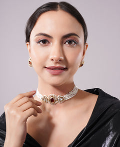 Amaita Maroon Kundan Pearl Layered Choker Jewellery Set