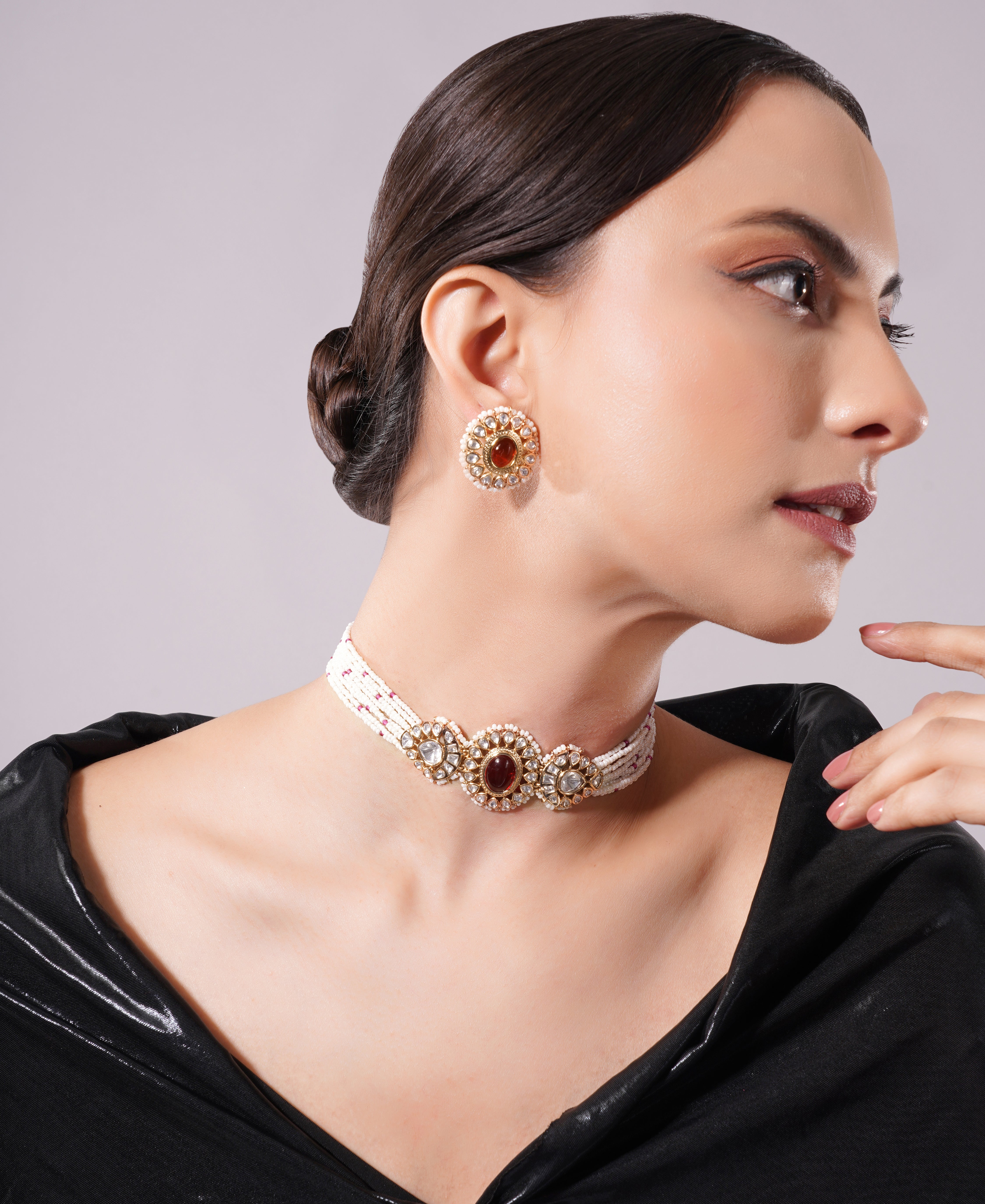 Amaita Maroon Kundan Pearl Layered Choker Jewellery Set