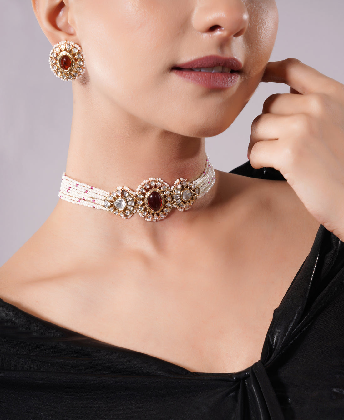 Amaita Maroon Kundan Pearl Layered Choker Jewellery Set