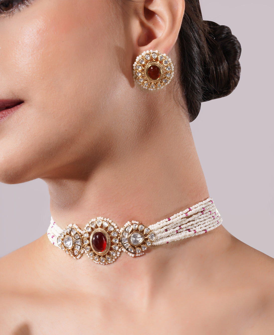 Amaita Maroon Kundan Pearl Layered Choker Jewellery Set