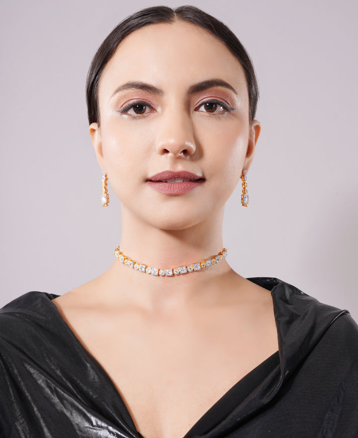 Amaita Gold Finish Single Line Diamond Look Choker Set