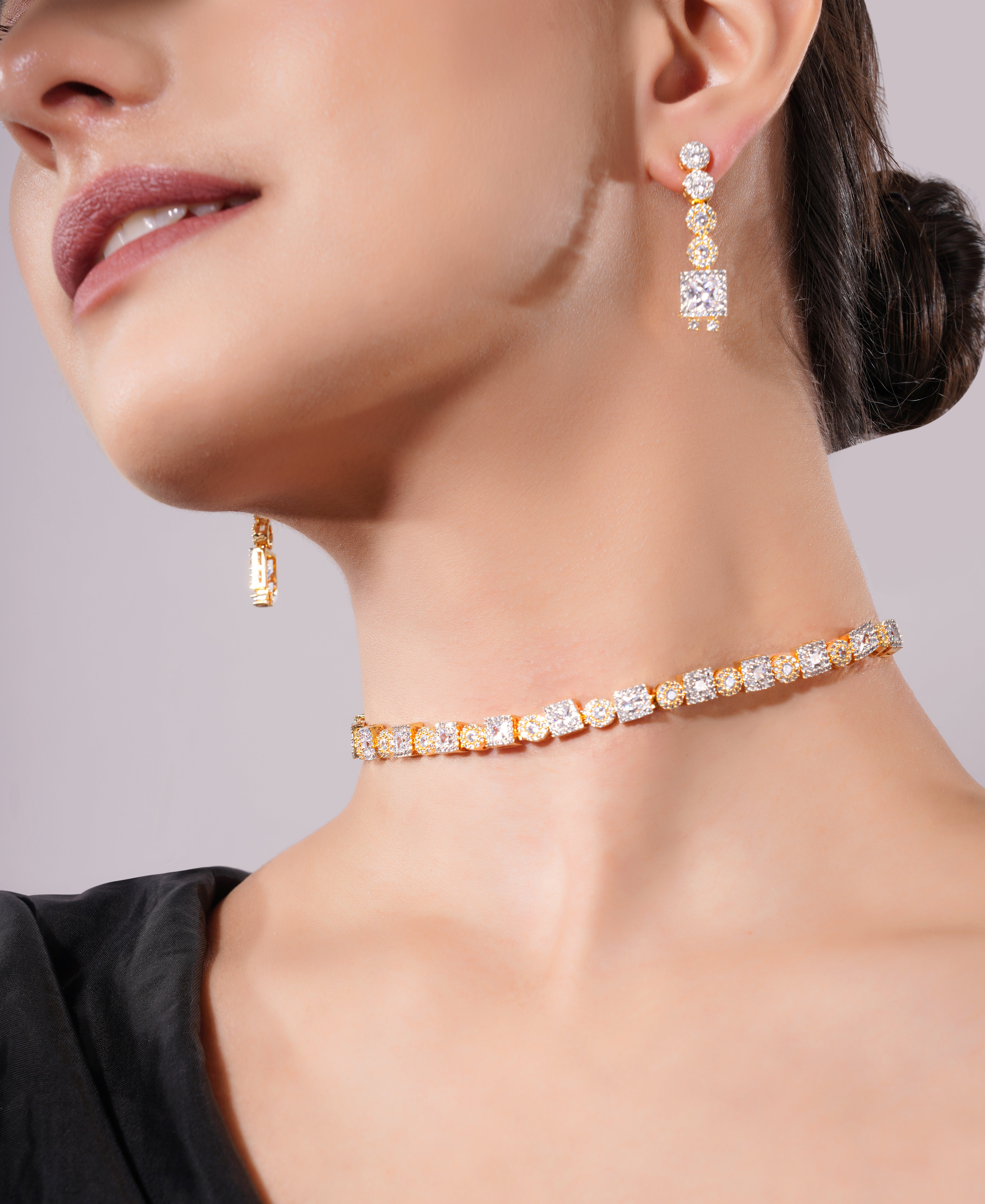 Amaita Gold Finish Single Line Diamond Look Choker Set