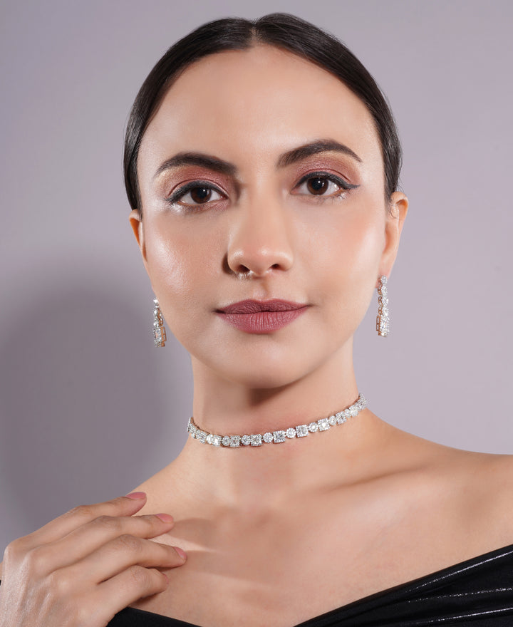 Amaita Platinum Finish Single Line Diamond Look Choker Set
