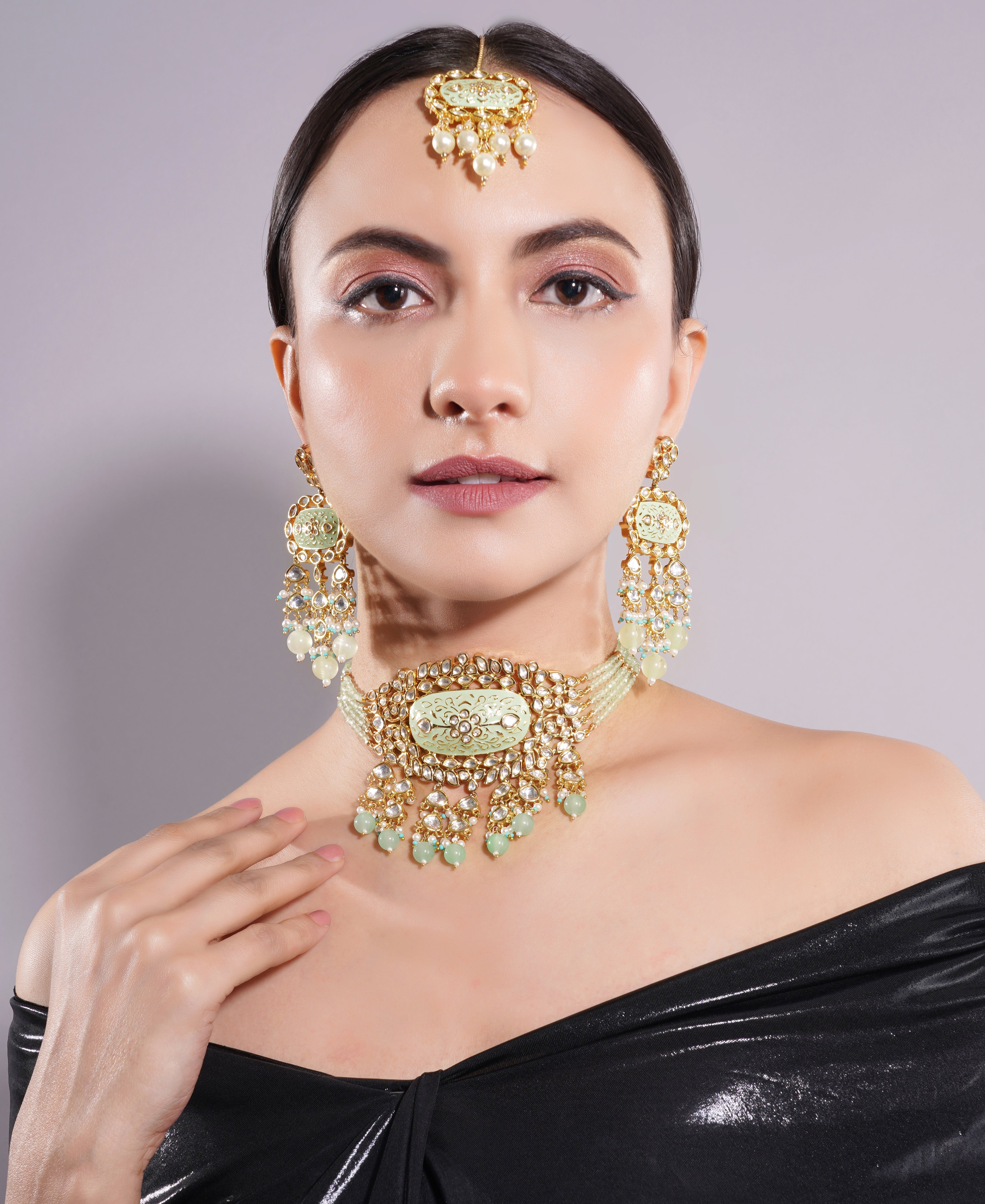 Amaita Gold Finish Polki Kundan Green Enamel Choker Set