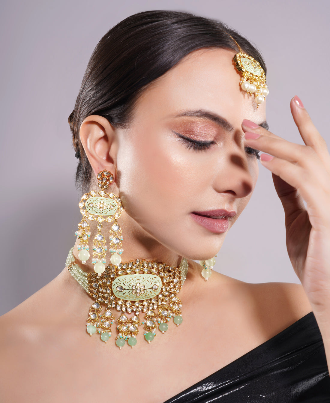 Amaita Gold Finish Polki Kundan Green Enamel Choker Set