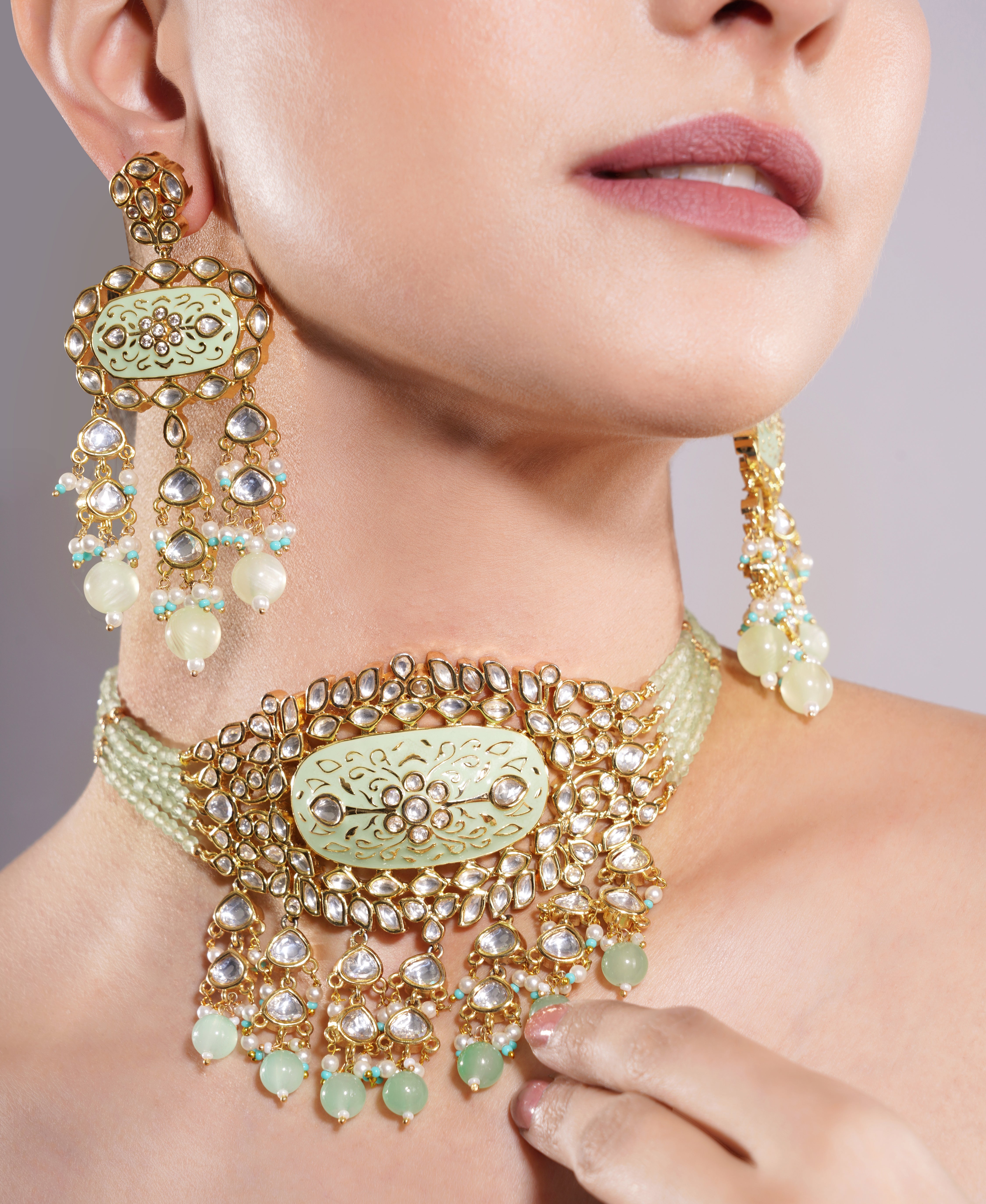 Amaita Gold Finish Polki Kundan Green Enamel Choker Set