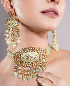 Amaita Gold Finish Polki Kundan Green Enamel Choker Set