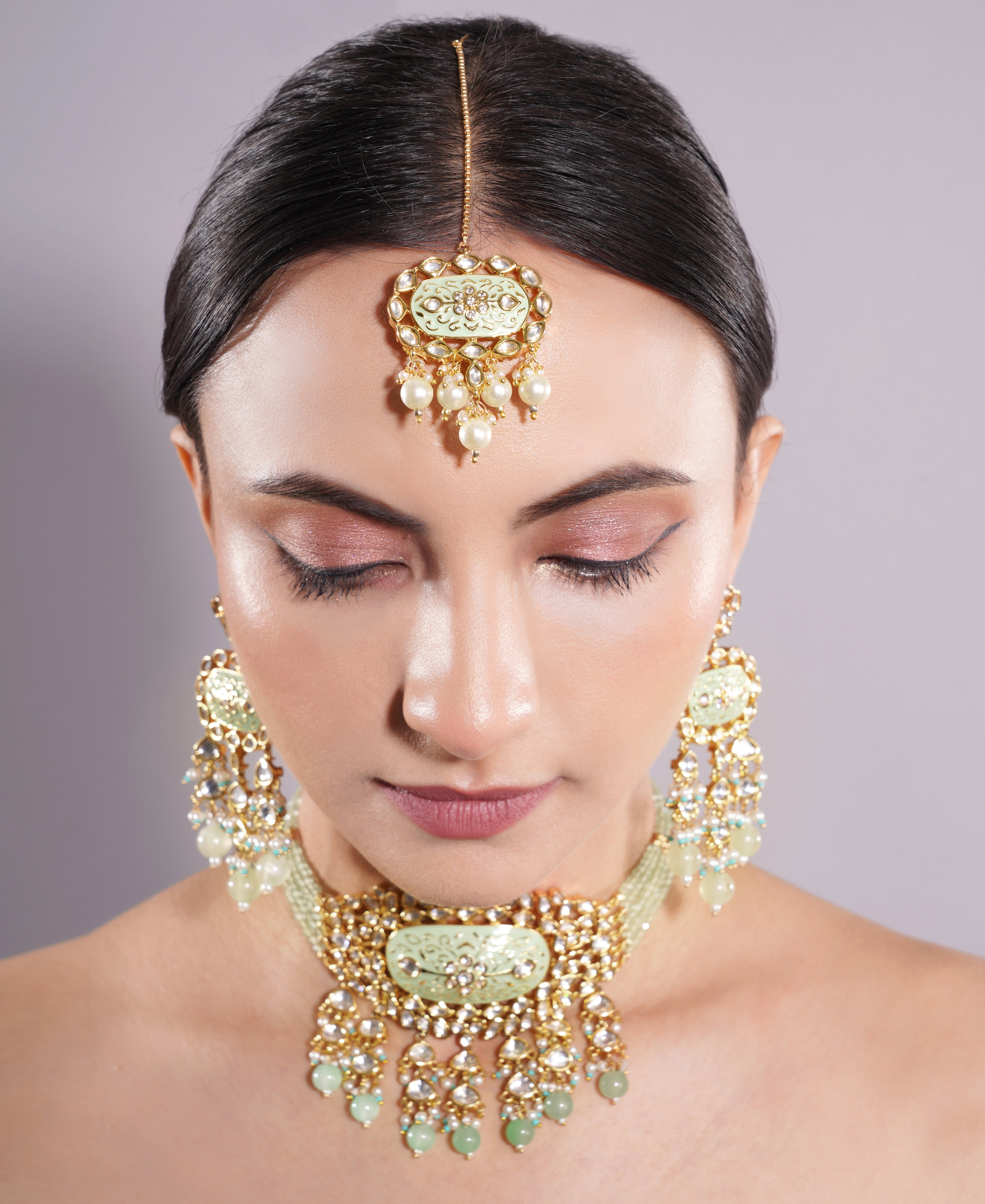 Amaita Gold Finish Polki Kundan Green Enamel Choker Set