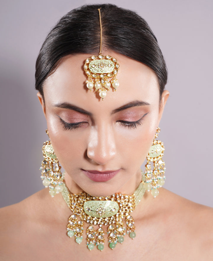 Amaita Gold Finish Polki Kundan Green Enamel Choker Set