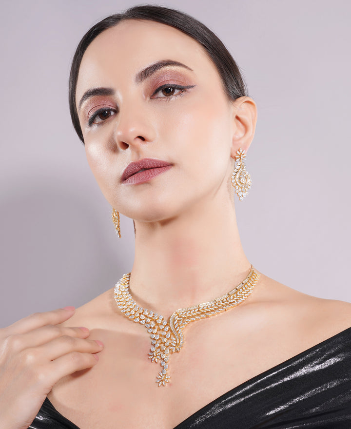 Amaita Gold Finish American Diamond Floral Vine Jewellery Set