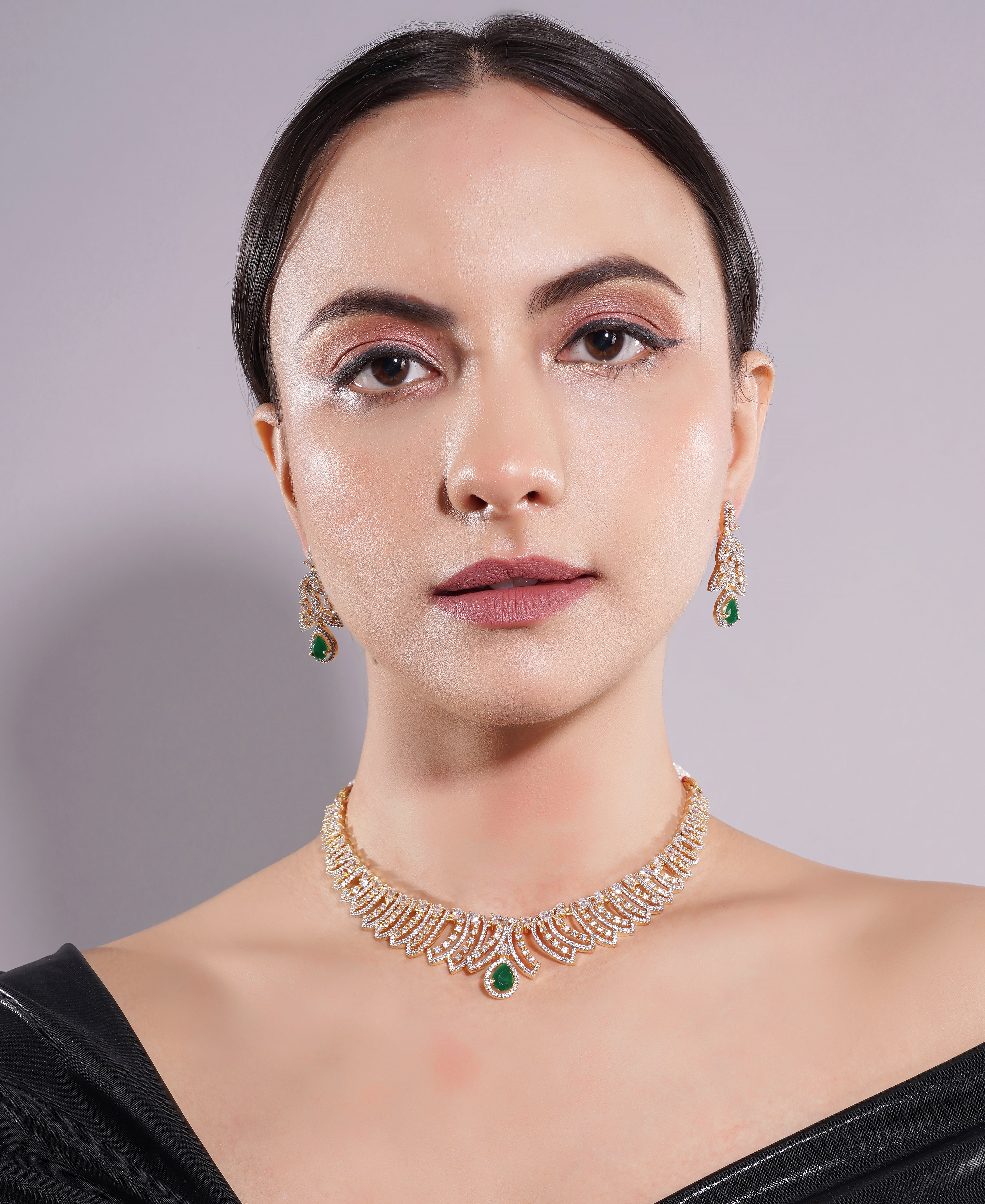 Amaita Gold Finish AD Green Drop Leaf Design Jewellery Set