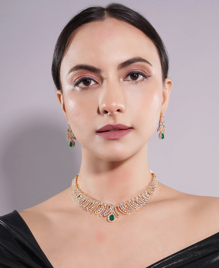 Amaita Gold Finish AD Green Drop Leaf Design Jewellery Set