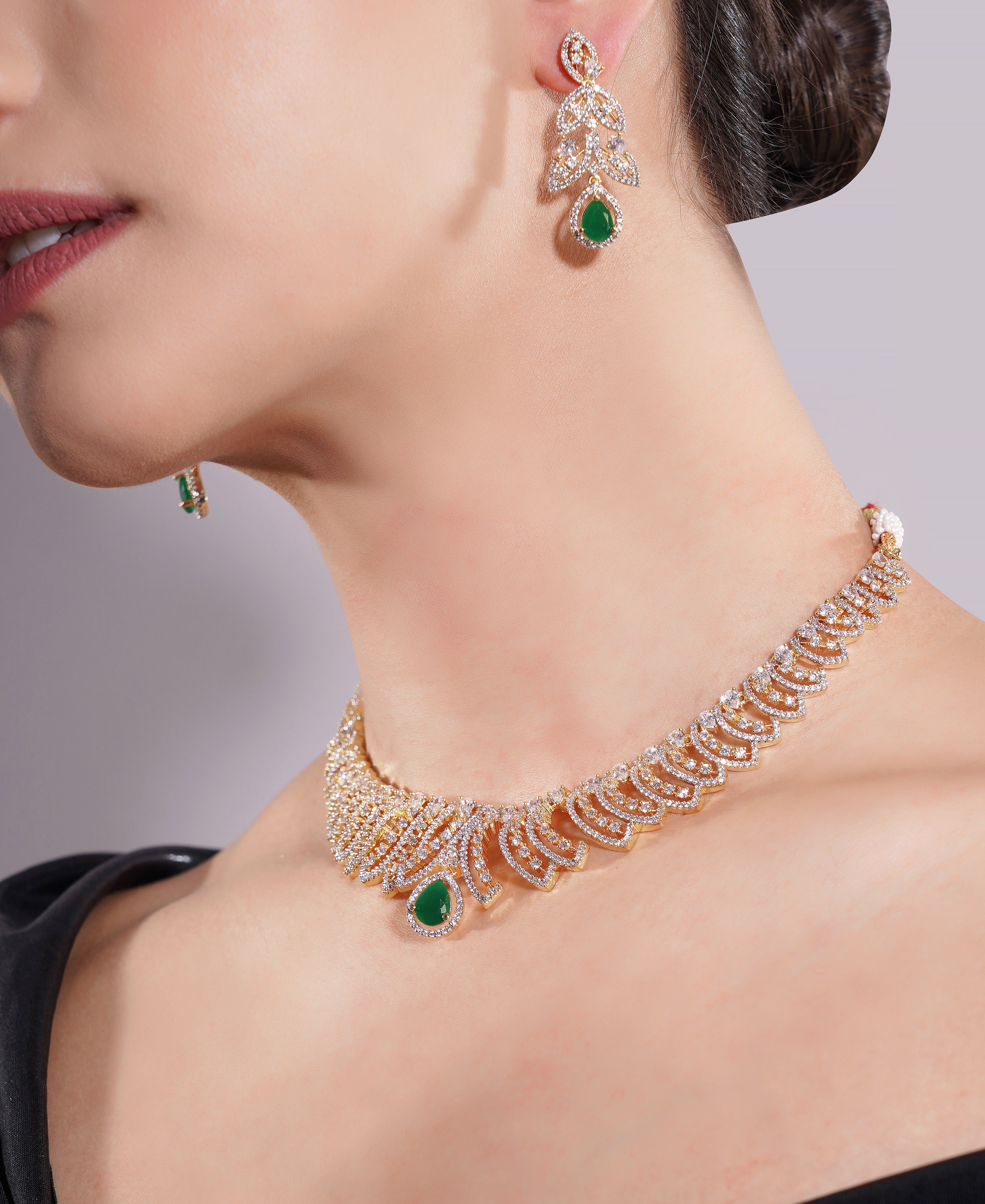 Amaita Gold Finish AD Green Drop Leaf Design Jewellery Set