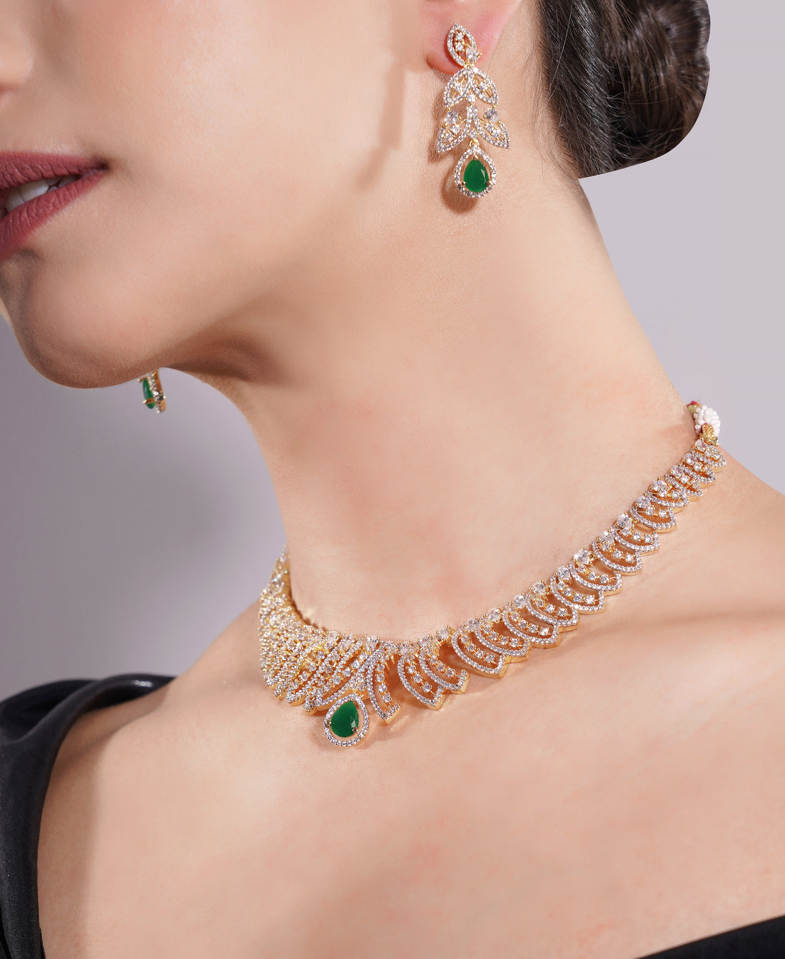 Amaita Gold Finish AD Green Drop Leaf Design Jewellery Set