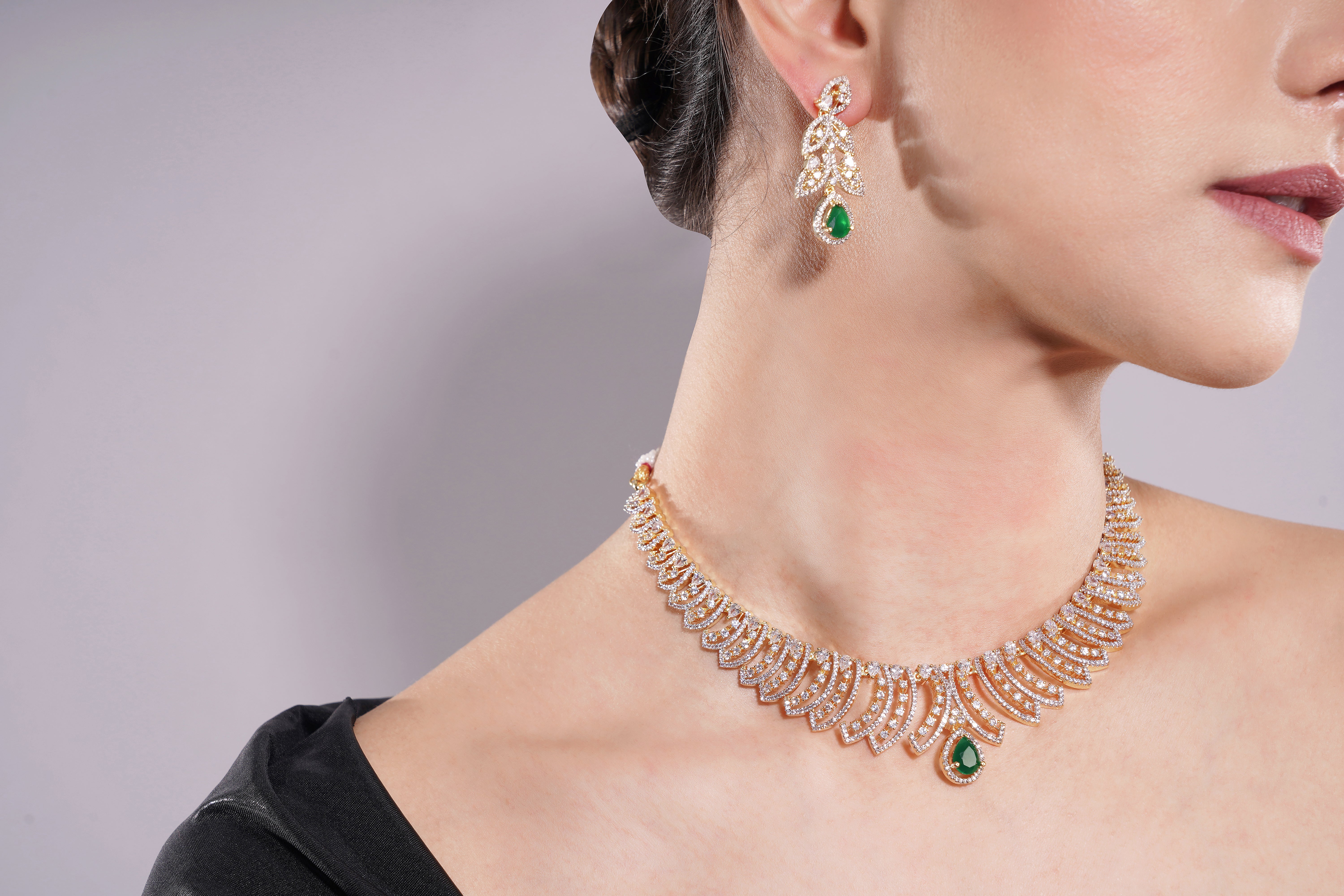 Amaita Gold Finish AD Green Drop Leaf Design Jewellery Set