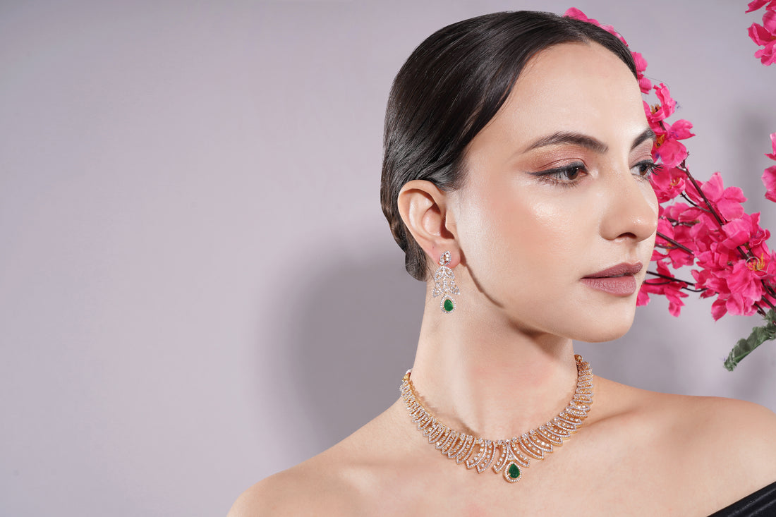 Amaita Gold Finish AD Green Drop Leaf Design Jewellery Set