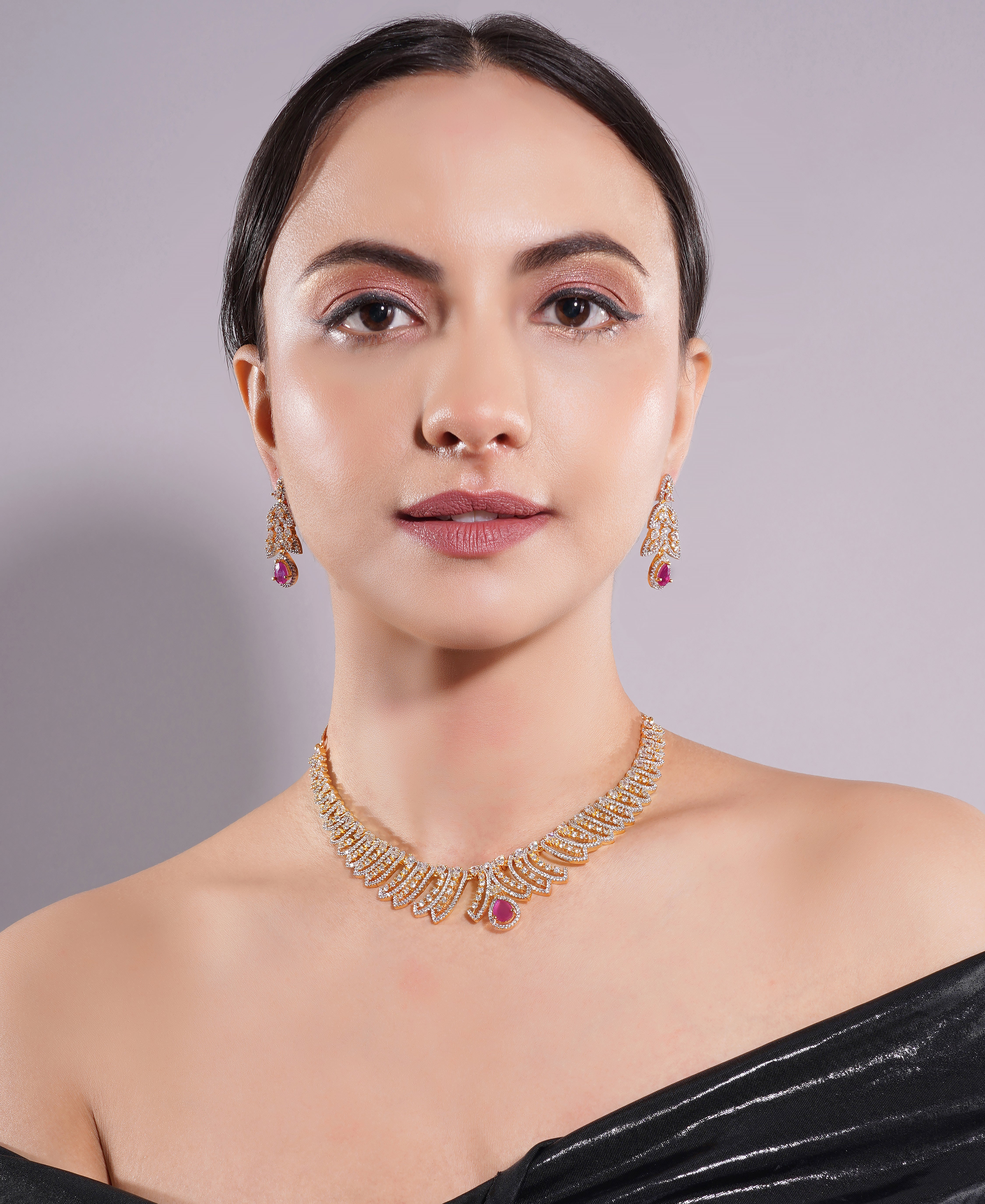 Amaita Gold Finish AD Ruby Drop Leaf Design Jewellery Set