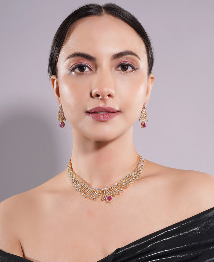 Amaita Gold Finish AD Ruby Drop Leaf Design Jewellery Set