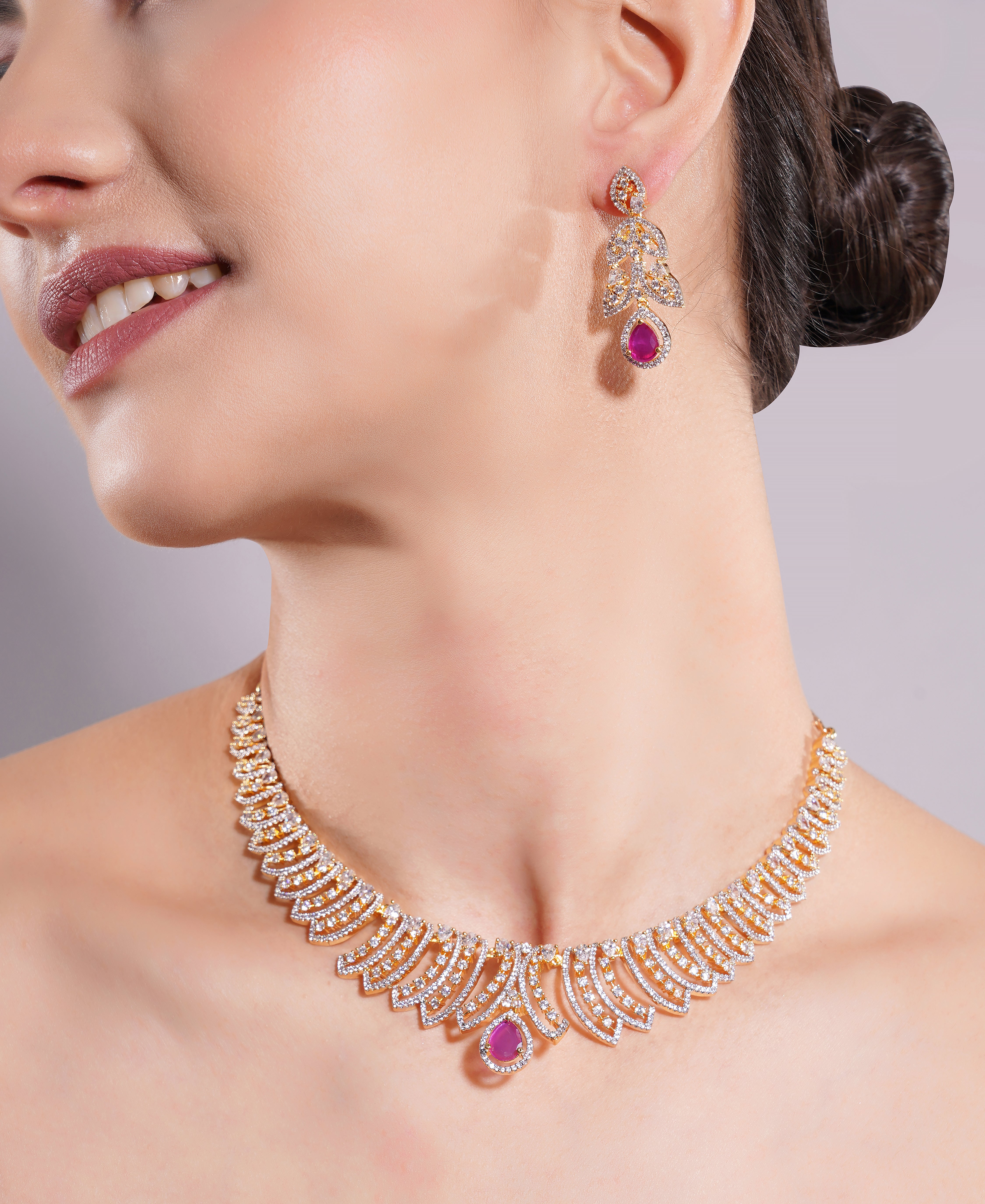 Amaita Gold Finish AD Ruby Drop Leaf Design Jewellery Set