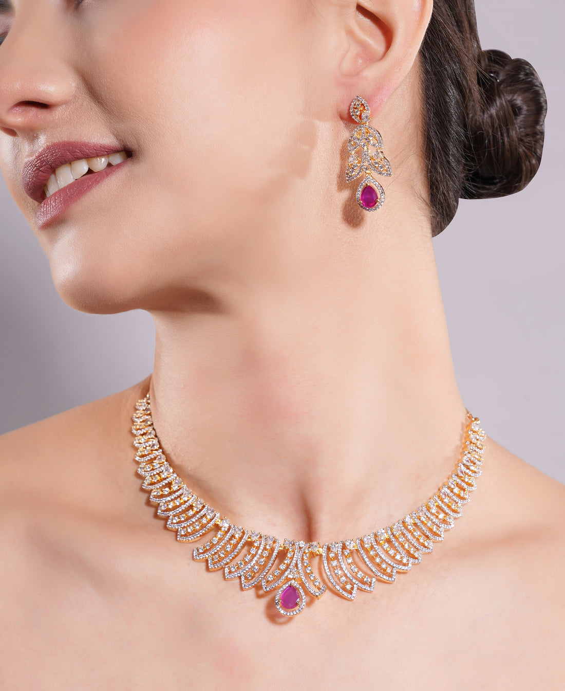 Amaita Gold Finish AD Ruby Drop Leaf Design Jewellery Set