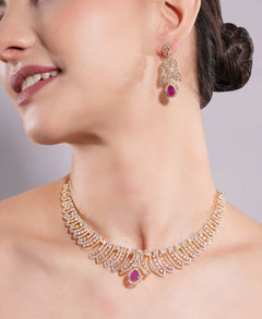 Amaita Gold Finish AD Ruby Drop Leaf Design Jewellery Set