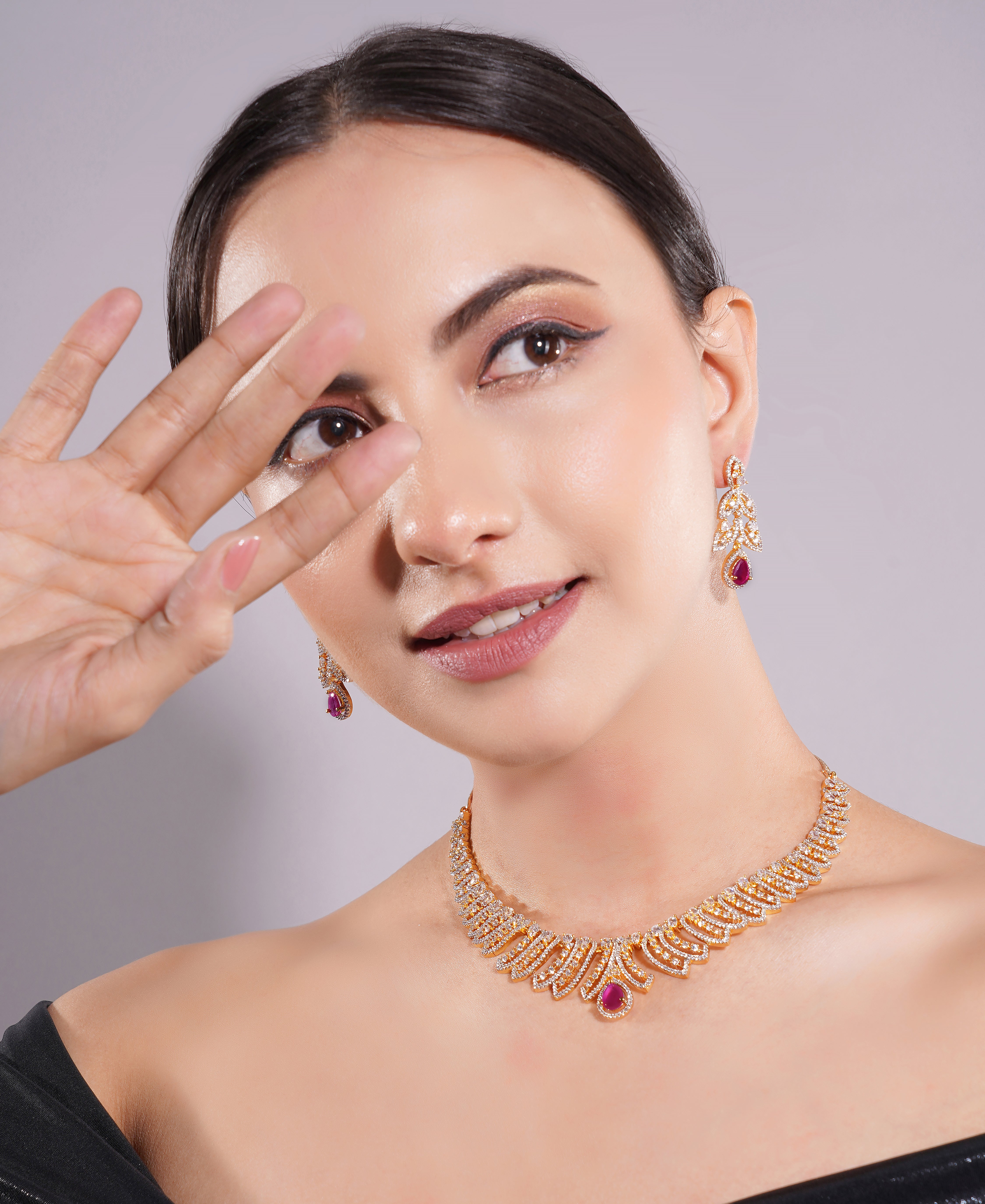 Amaita Gold Finish AD Ruby Drop Leaf Design Jewellery Set