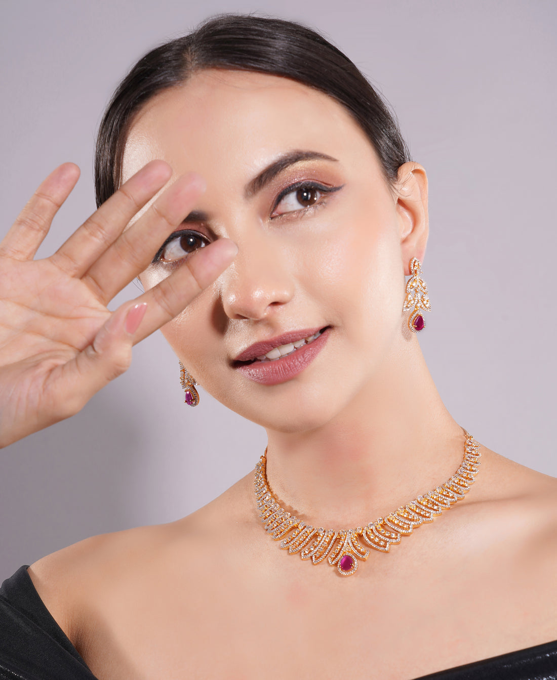 Amaita Gold Finish AD Ruby Drop Leaf Design Jewellery Set