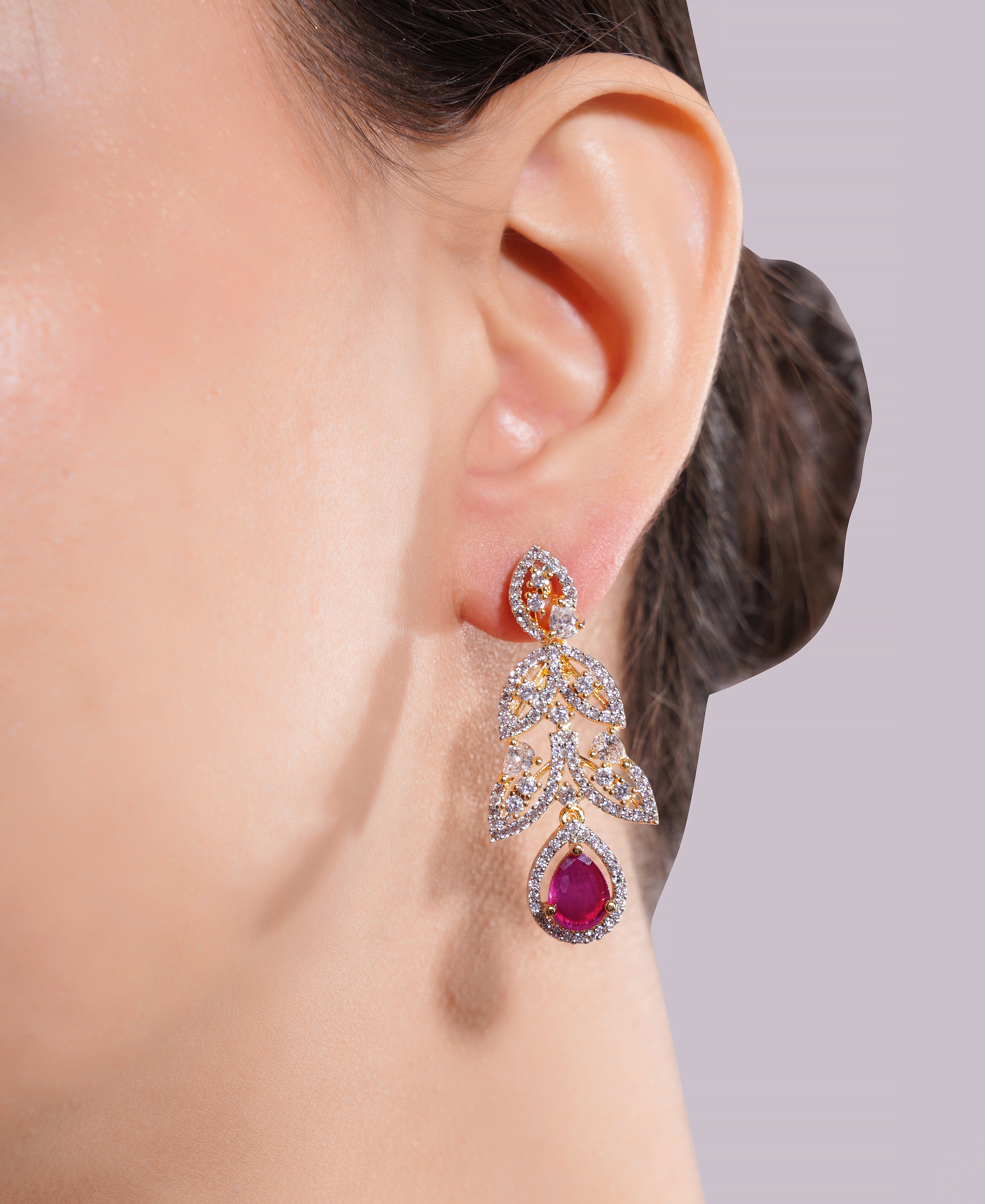 Amaita Gold Finish AD Ruby Drop Leaf Design Jewellery Set