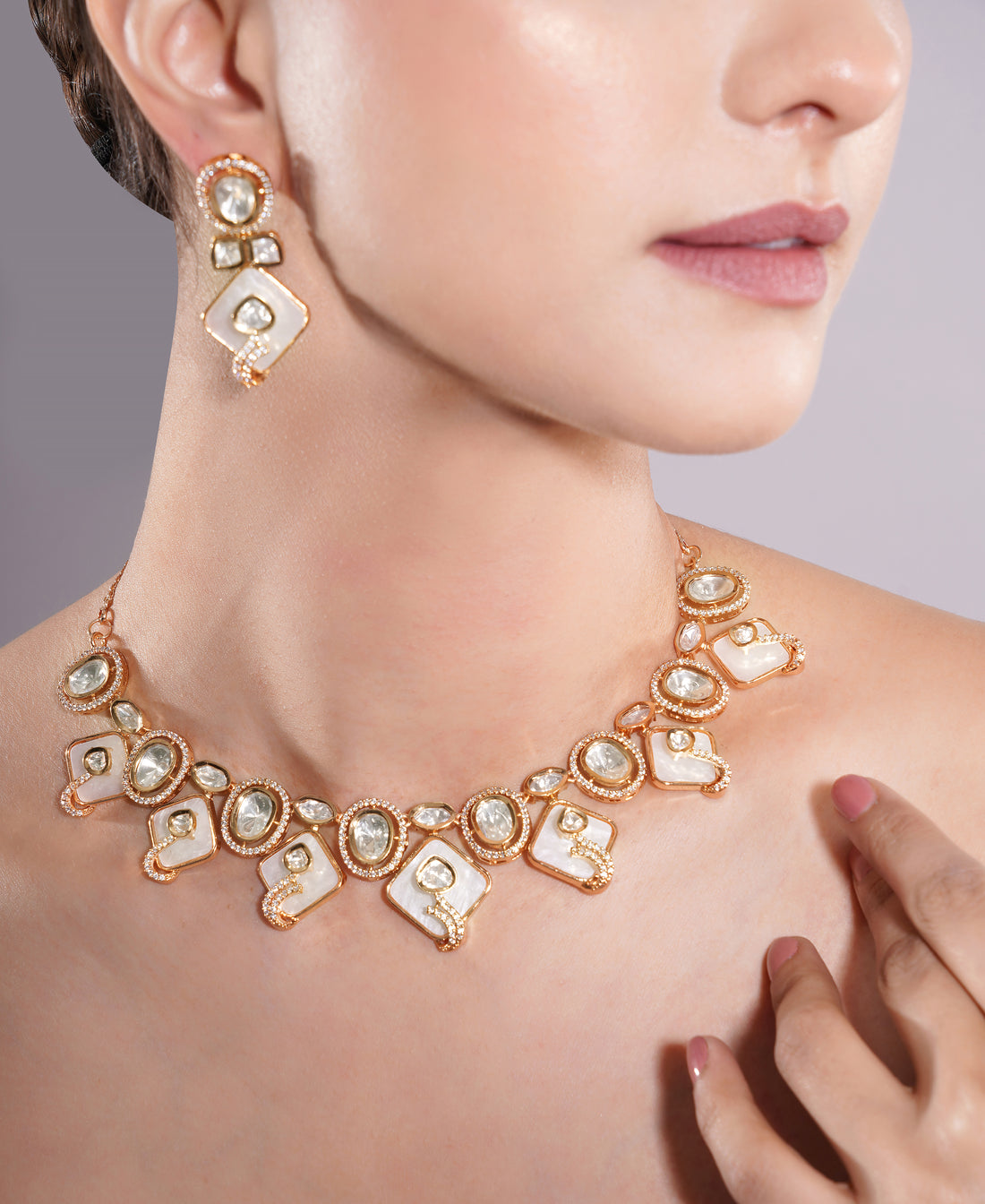 Amaita Gold Finish Kundan Stone Ivory Frame Necklace Set