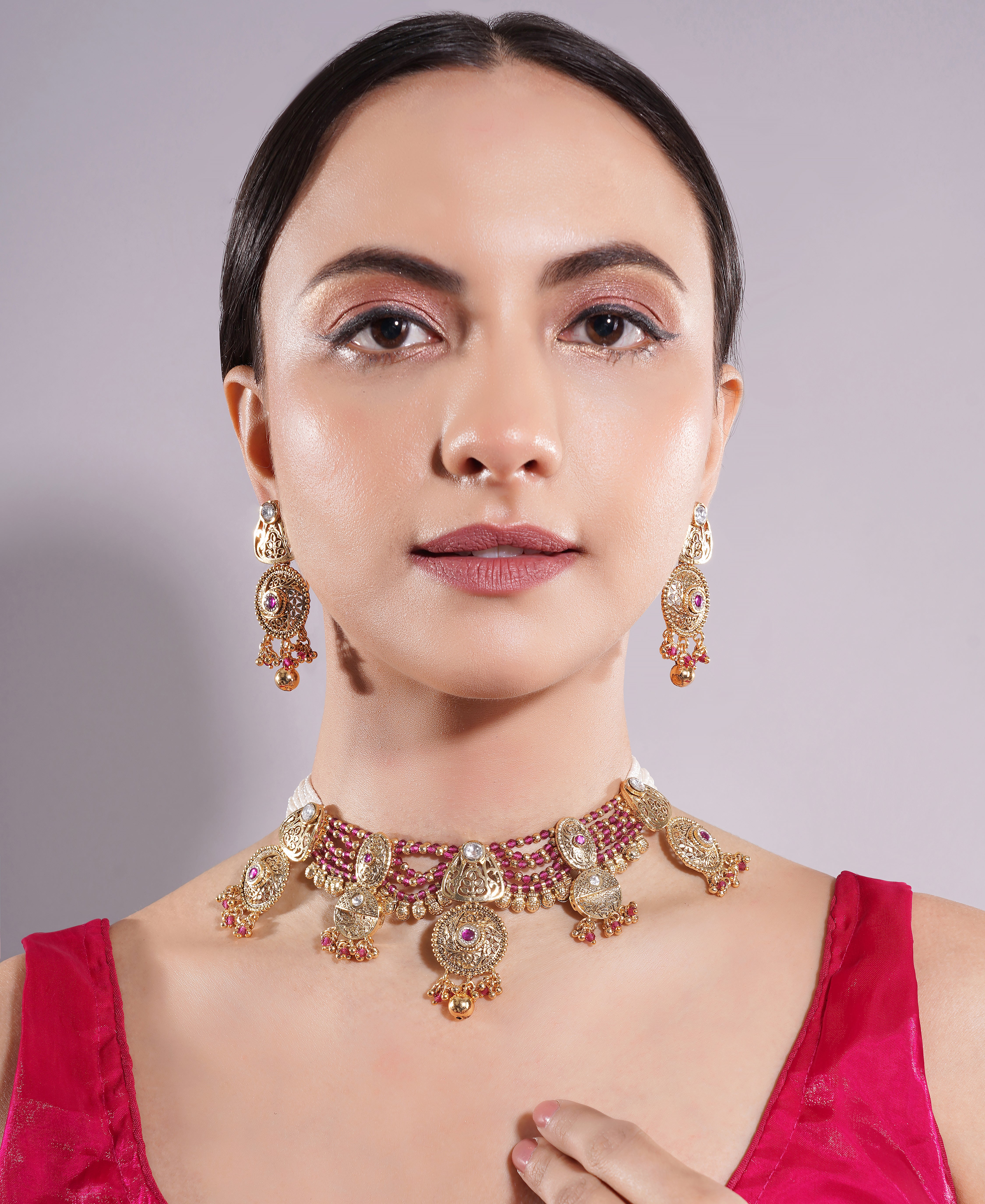 Amaita Gold Finish Polki Kundan Ruby Beaded Choker Set