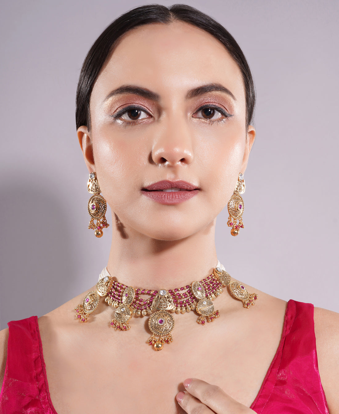 Amaita Gold Finish Polki Kundan Ruby Beaded Choker Set