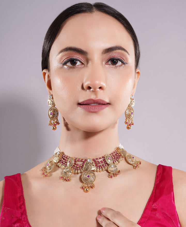 Amaita Gold Finish Polki Kundan Ruby Beaded Choker Set
