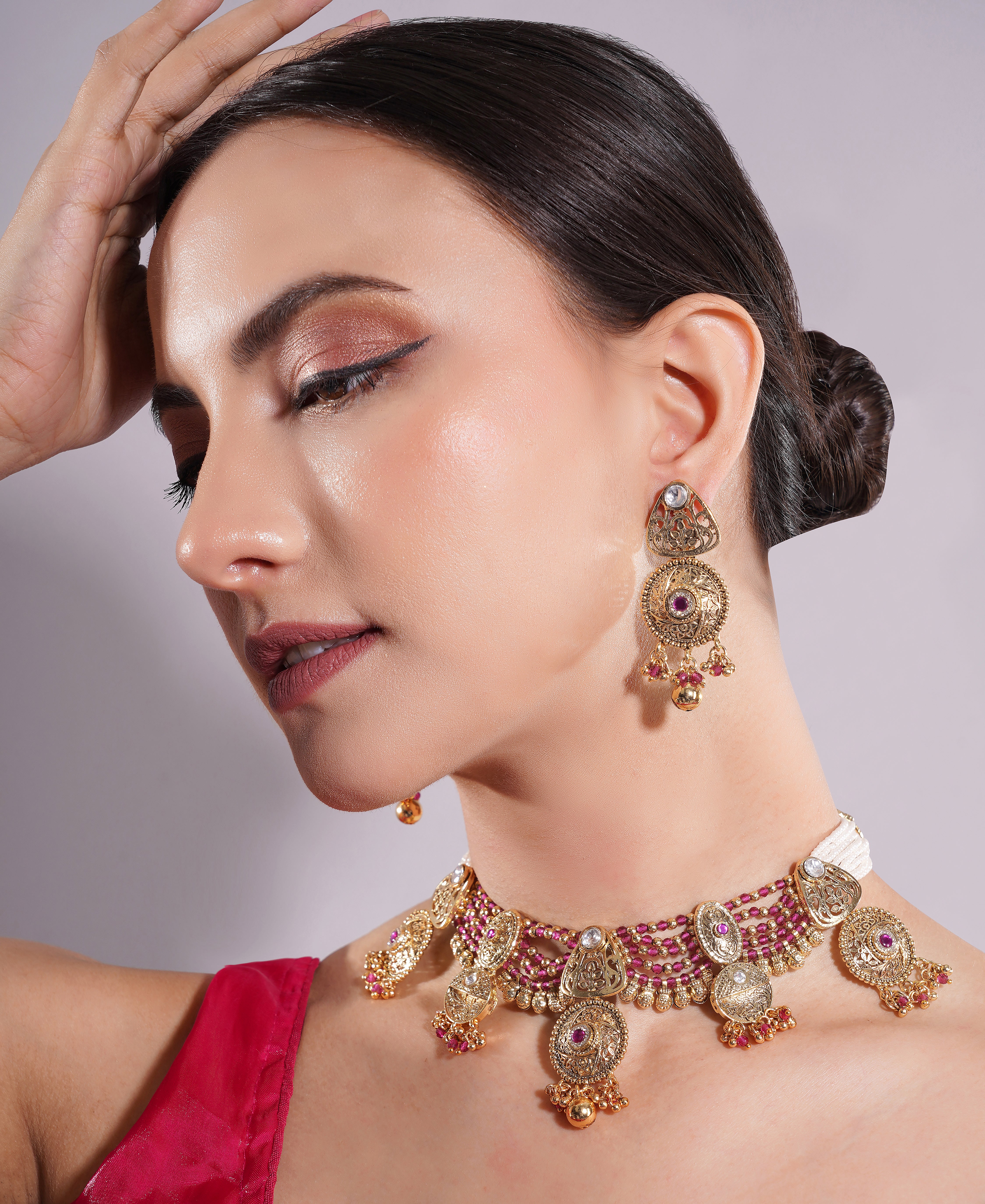 Amaita Gold Finish Polki Kundan Ruby Beaded Choker Set