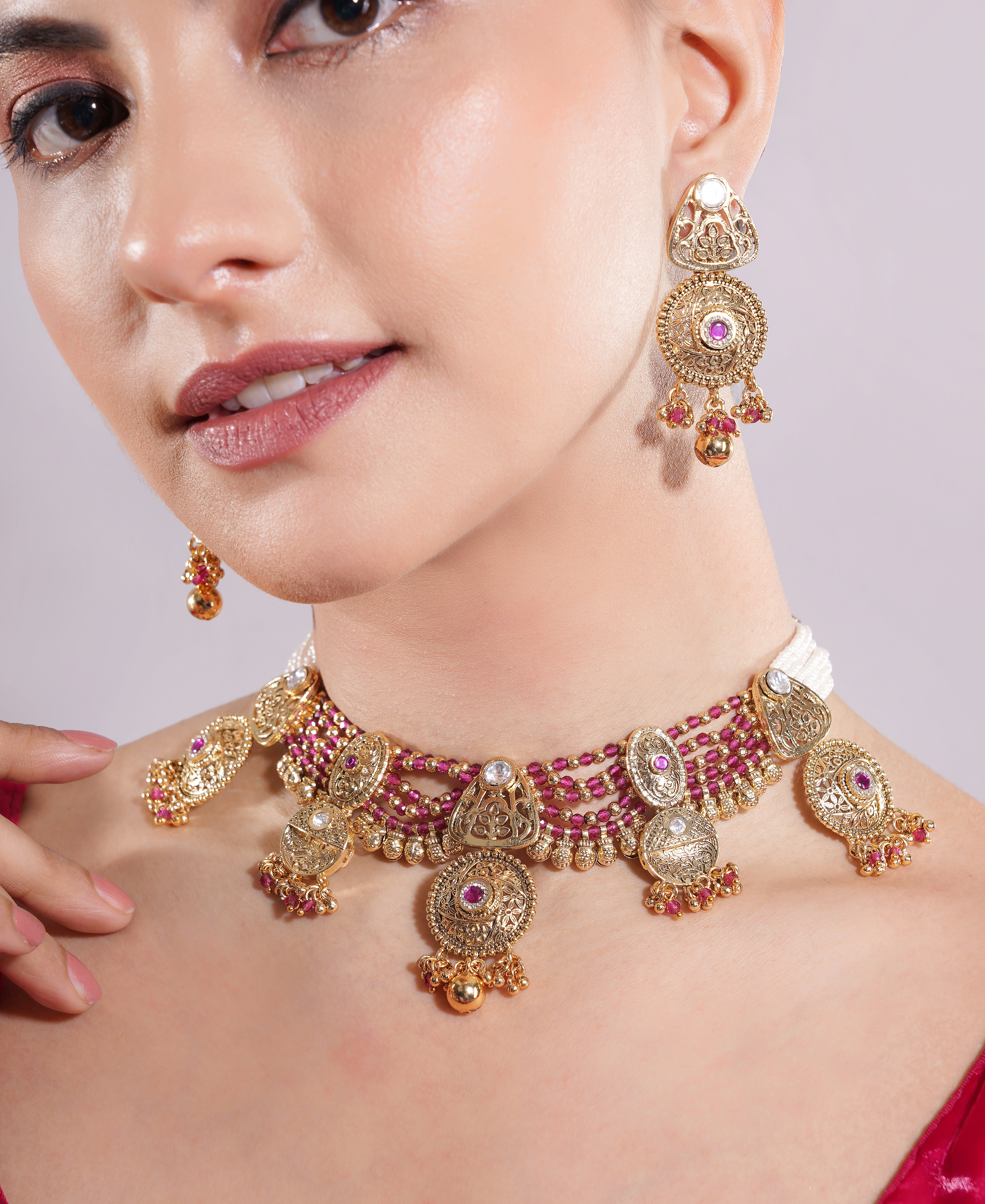 Amaita Gold Finish Polki Kundan Ruby Beaded Choker Set