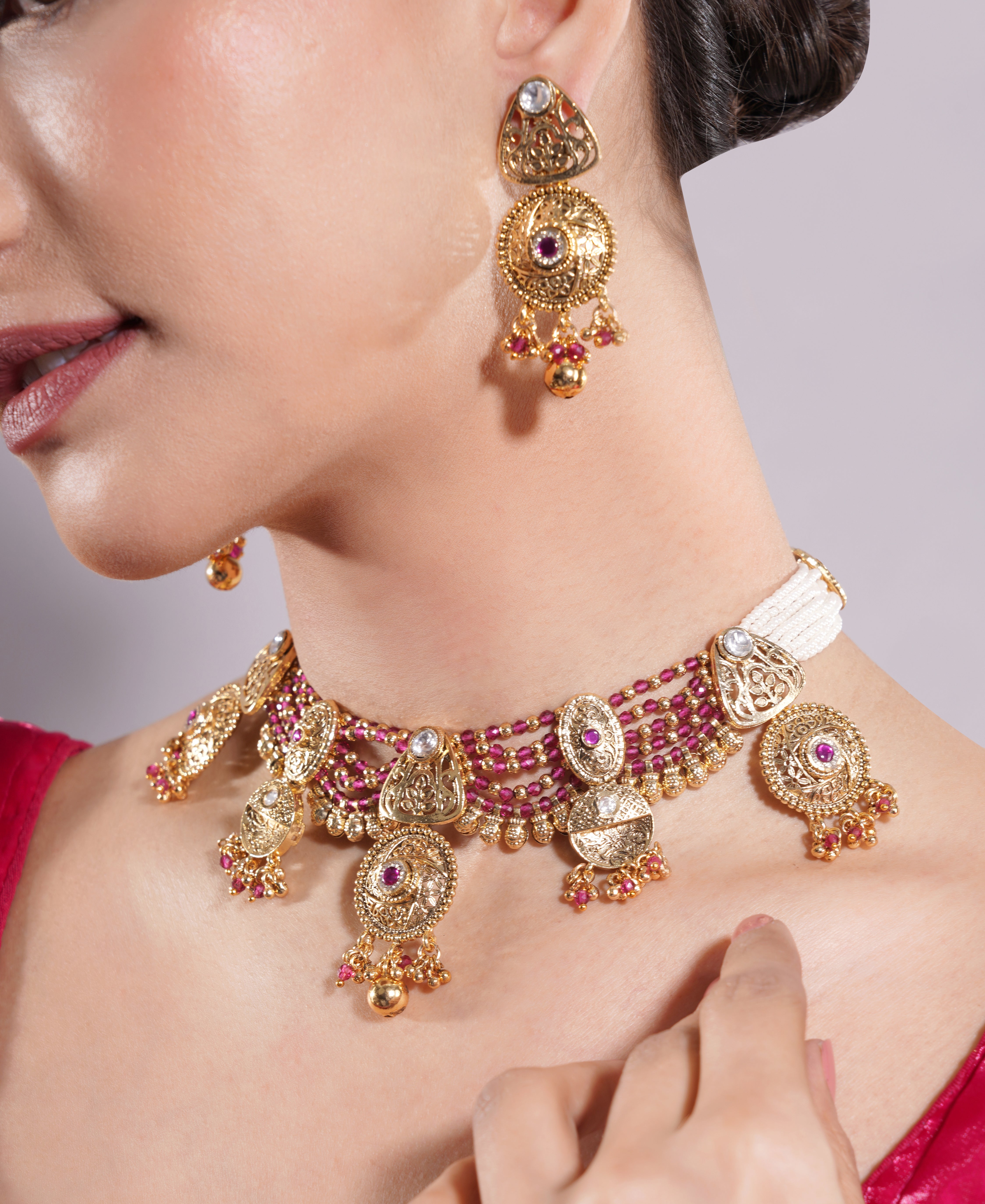 Amaita Gold Finish Polki Kundan Ruby Beaded Choker Set