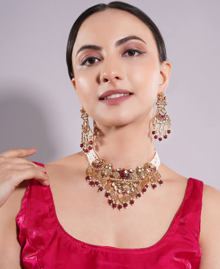 Amaita Gold Finish Polki Kundan Ruby Pearl Heritage Choker Set