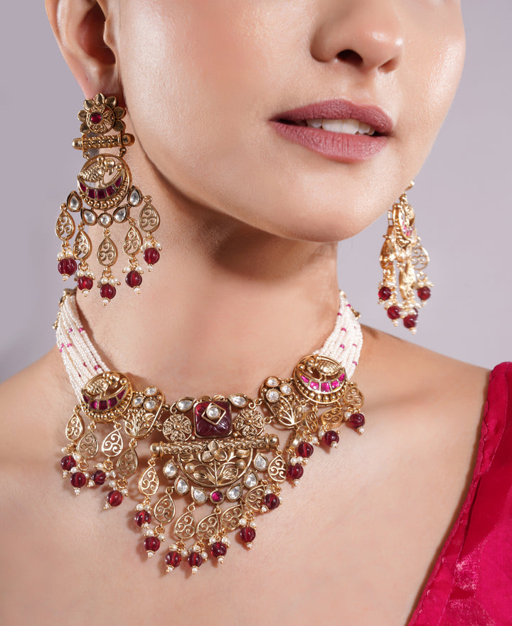 Amaita Gold Finish Polki Kundan Ruby Pearl Heritage Choker Set