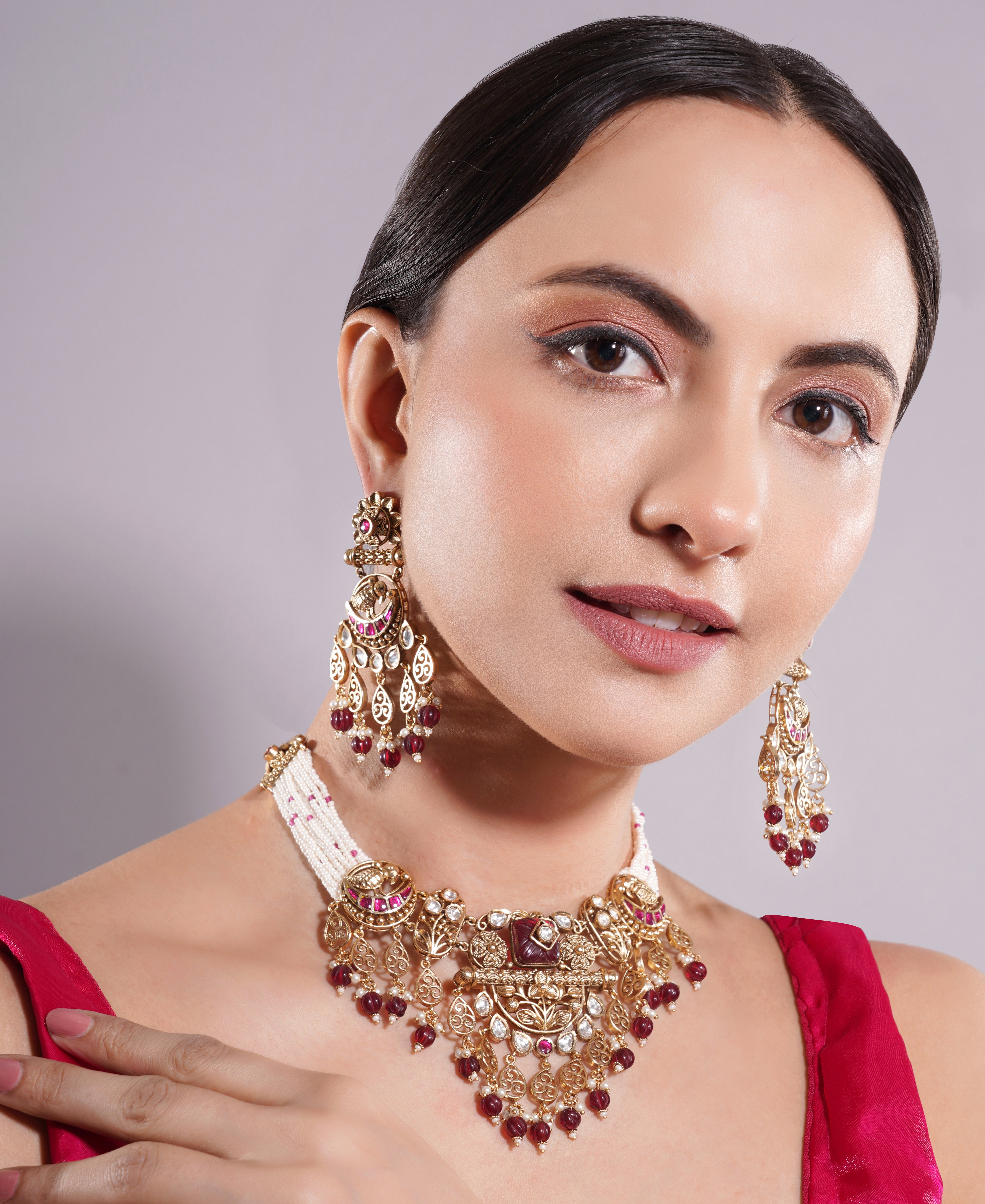 Amaita Gold Finish Polki Kundan Ruby Pearl Heritage Choker Set