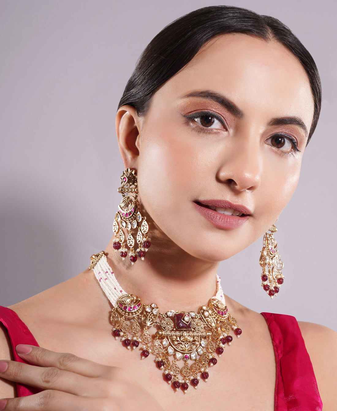 Amaita Gold Finish Polki Kundan Ruby Pearl Heritage Choker Set